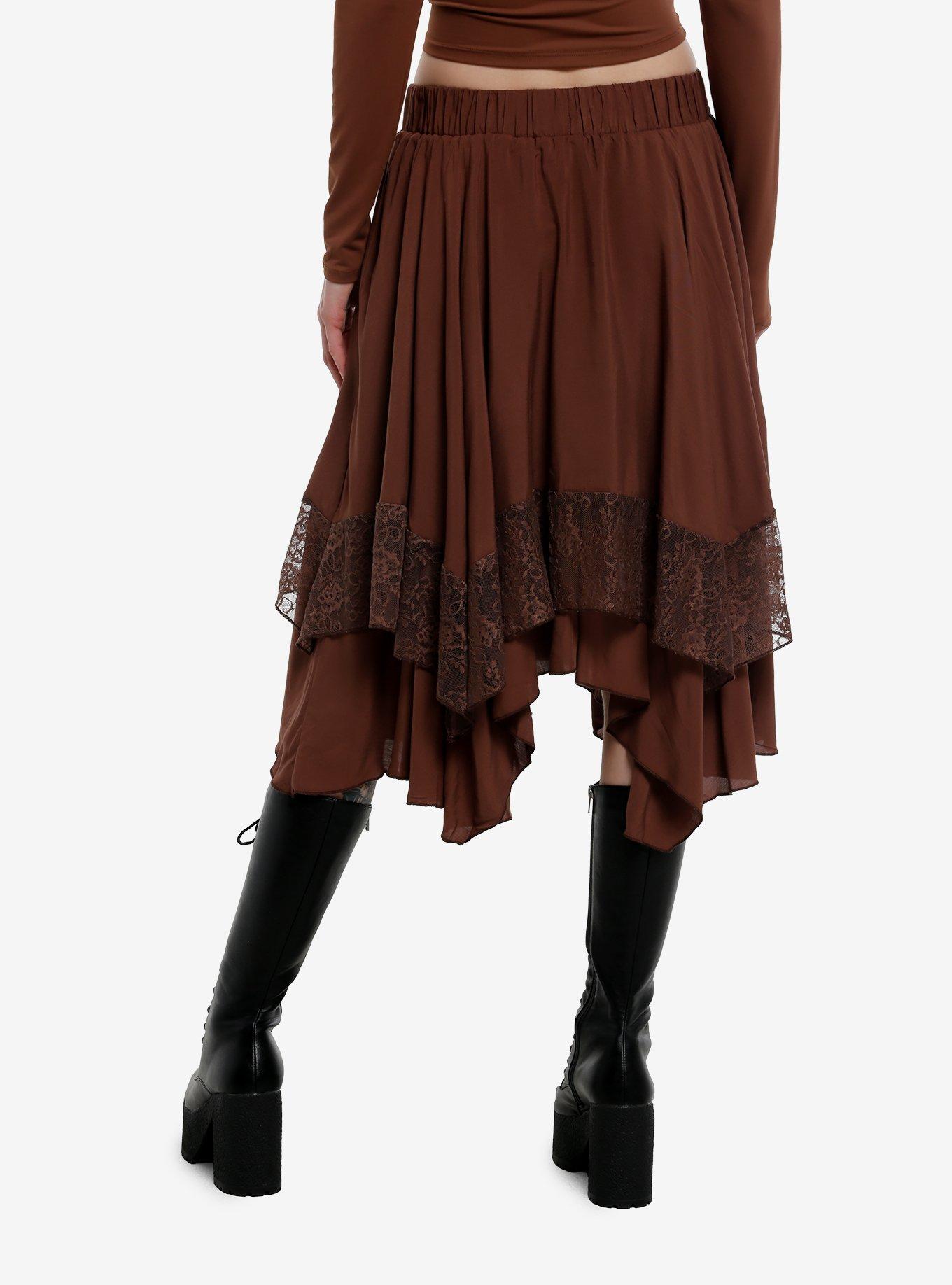 Thorn & Fable Brown Lace Tiered Hanky Hem Skirt, BROWN, alternate