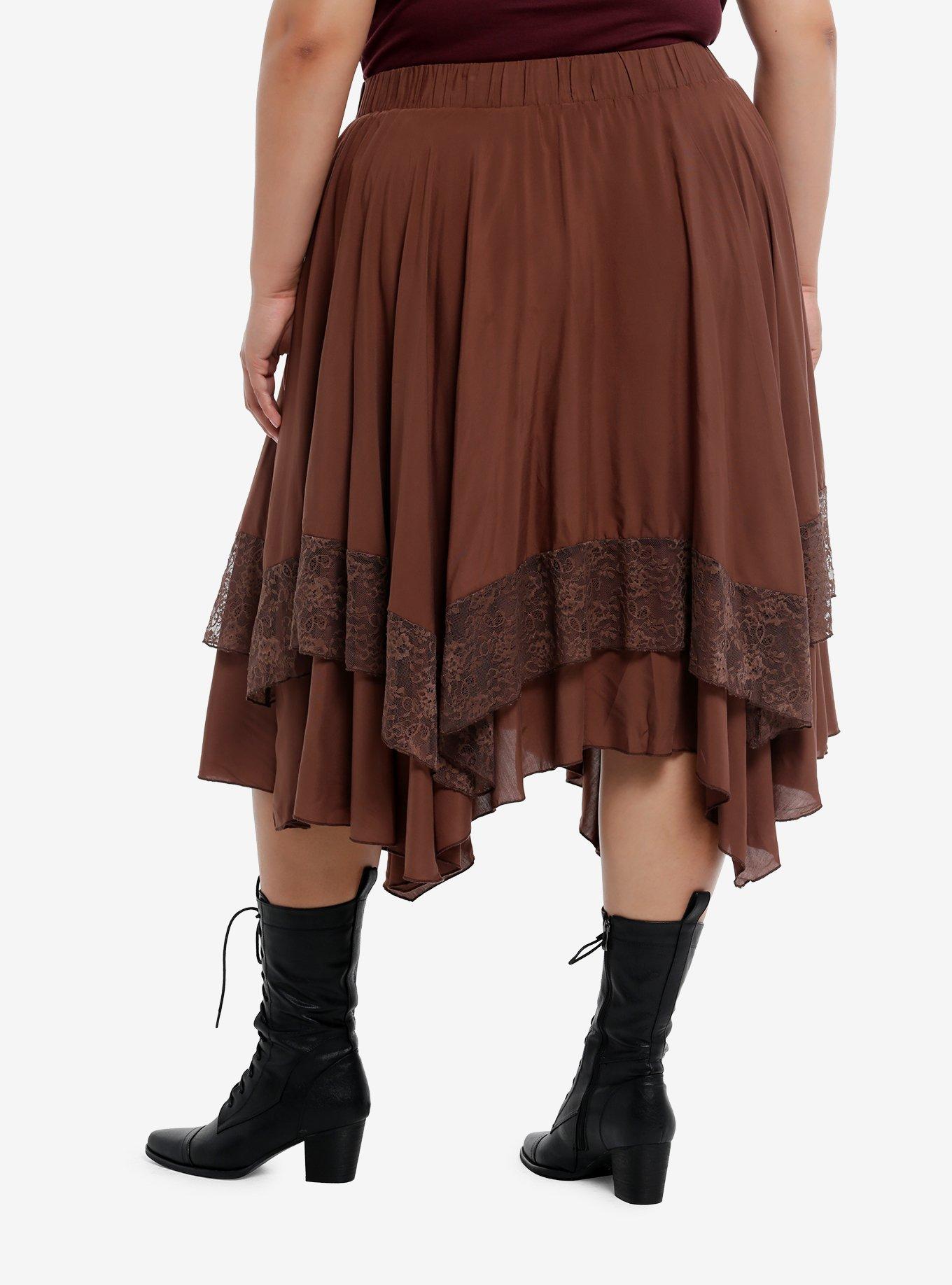 Thorn & Fable Brown Lace Tiered Hanky Hem Skirt Plus Size, , hi-res