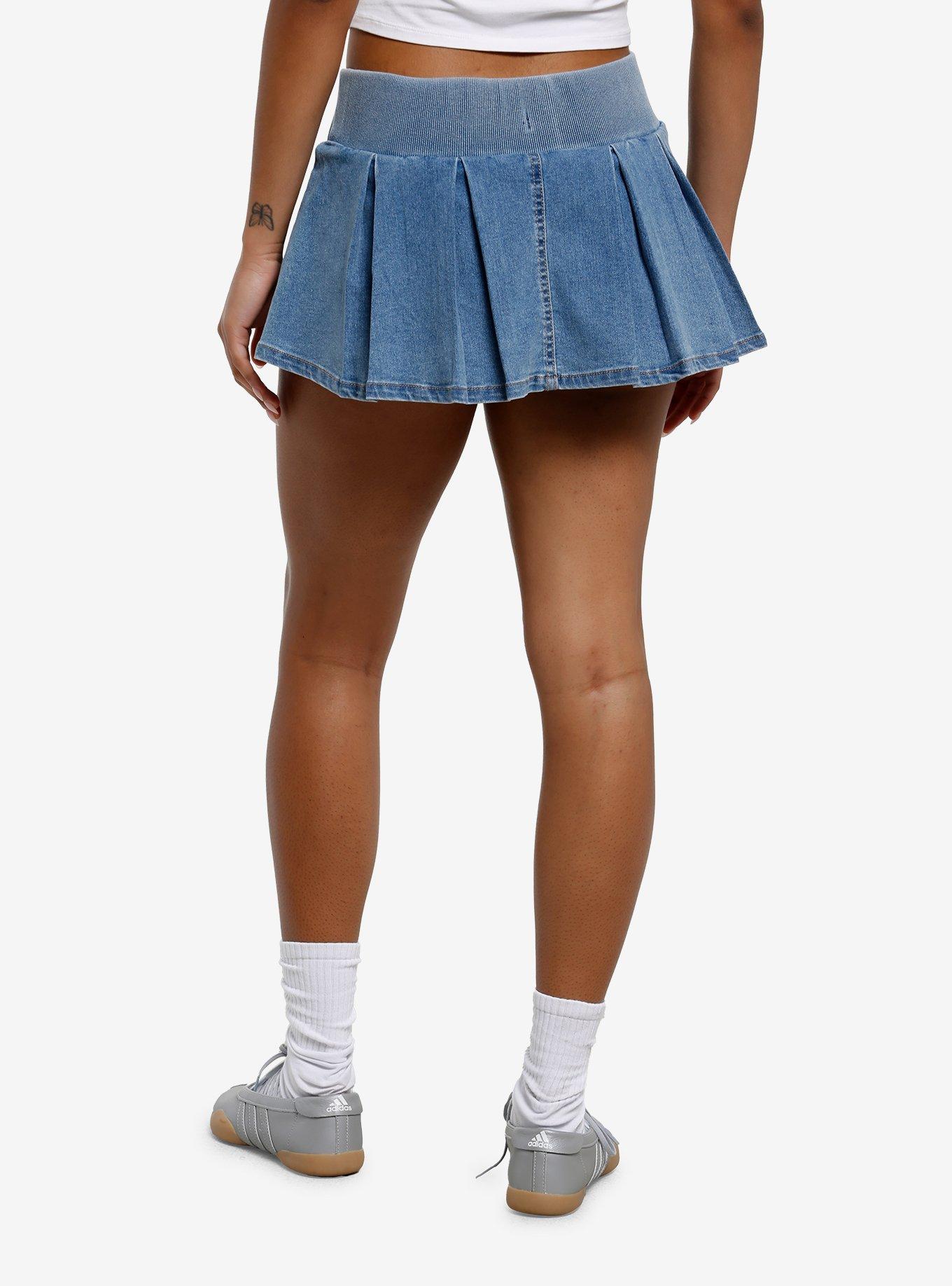 Light Indigo Pleated Pull-On Micro Skort, , hi-res