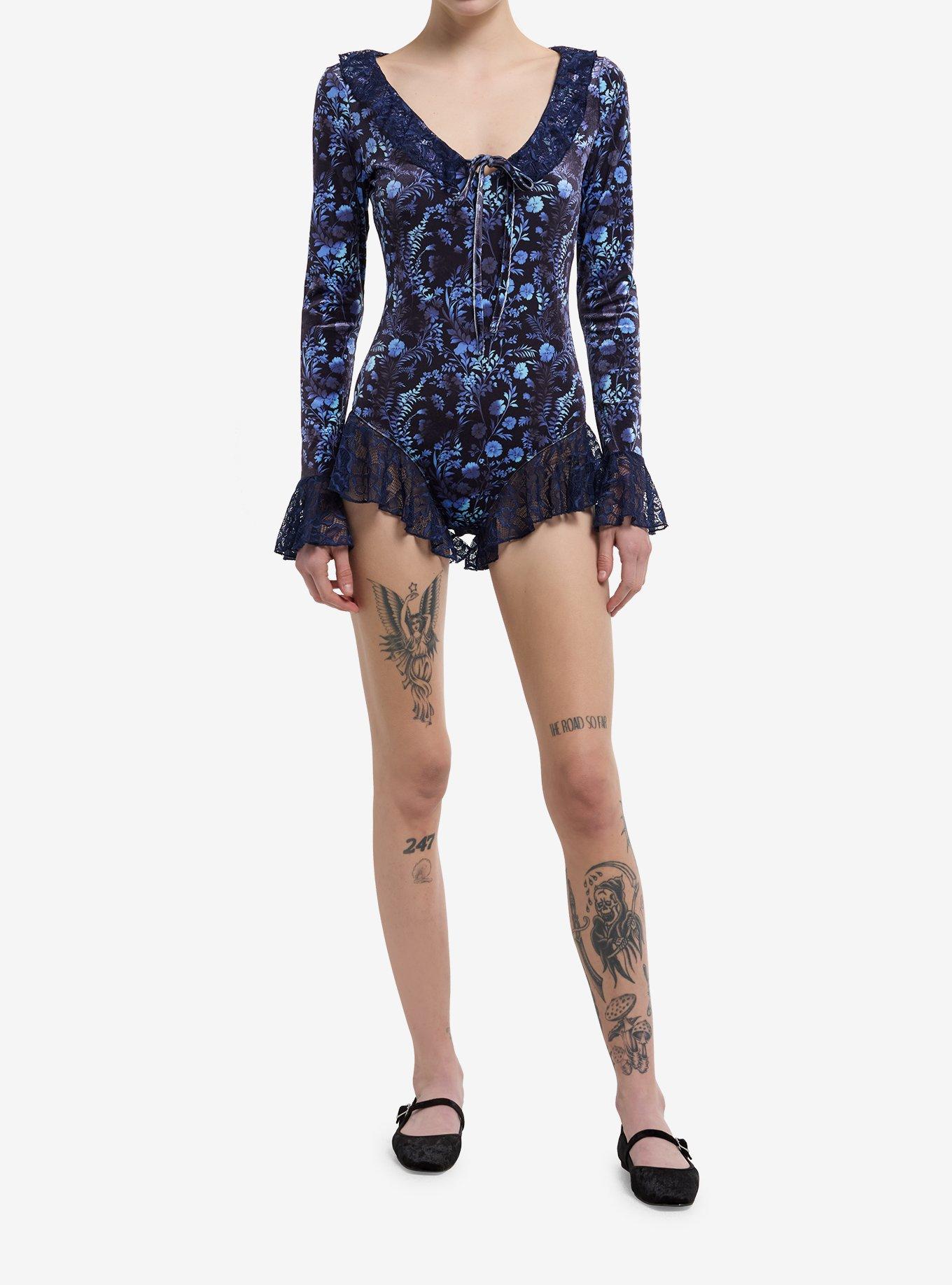 Cosmic Aura Dark Floral Lace Trim Long-Sleeve Romper, , hi-res