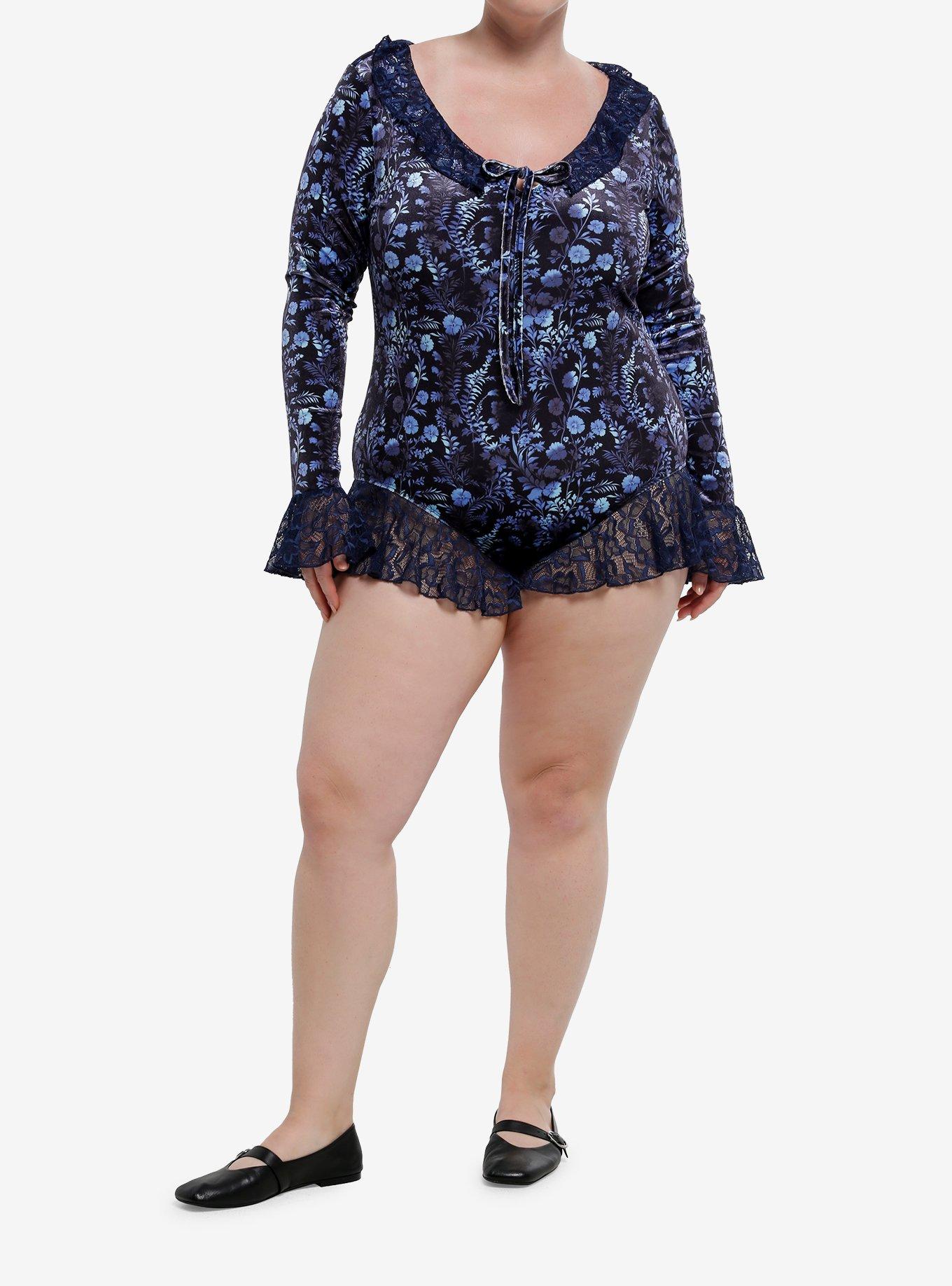 Cosmic Aura Dark Floral Lace Trim Long-Sleeve Romper Plus Size, BLUE, alternate