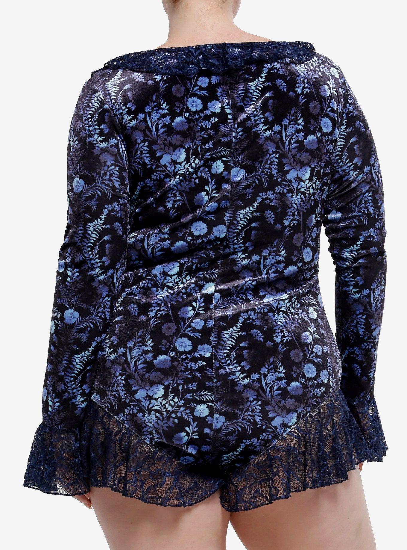 Cosmic Aura Dark Floral Lace Trim Long-Sleeve Romper Plus Size, BLUE, alternate