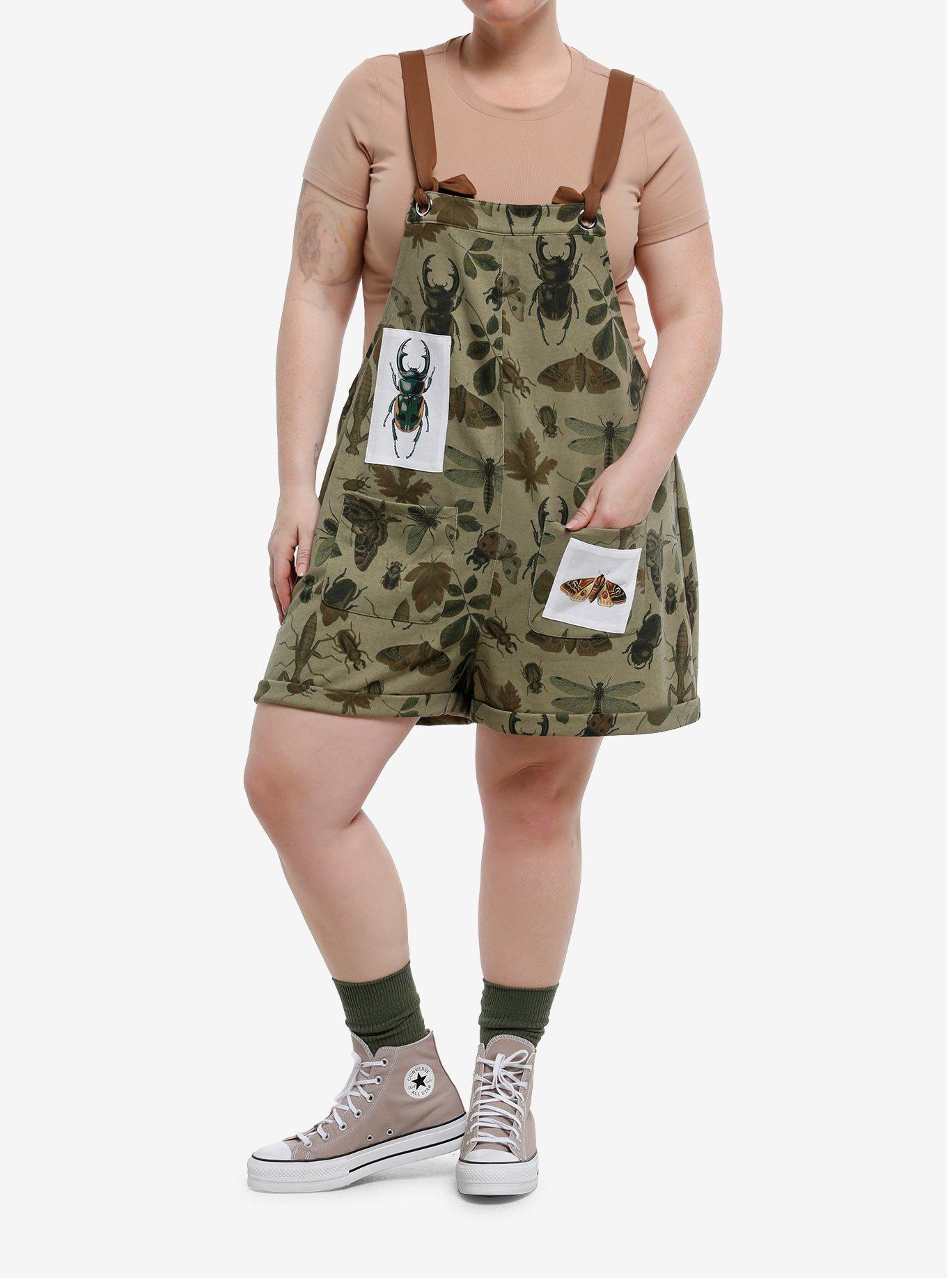 Thorn & Fable Green Insects Shortalls Plus Size, , hi-res