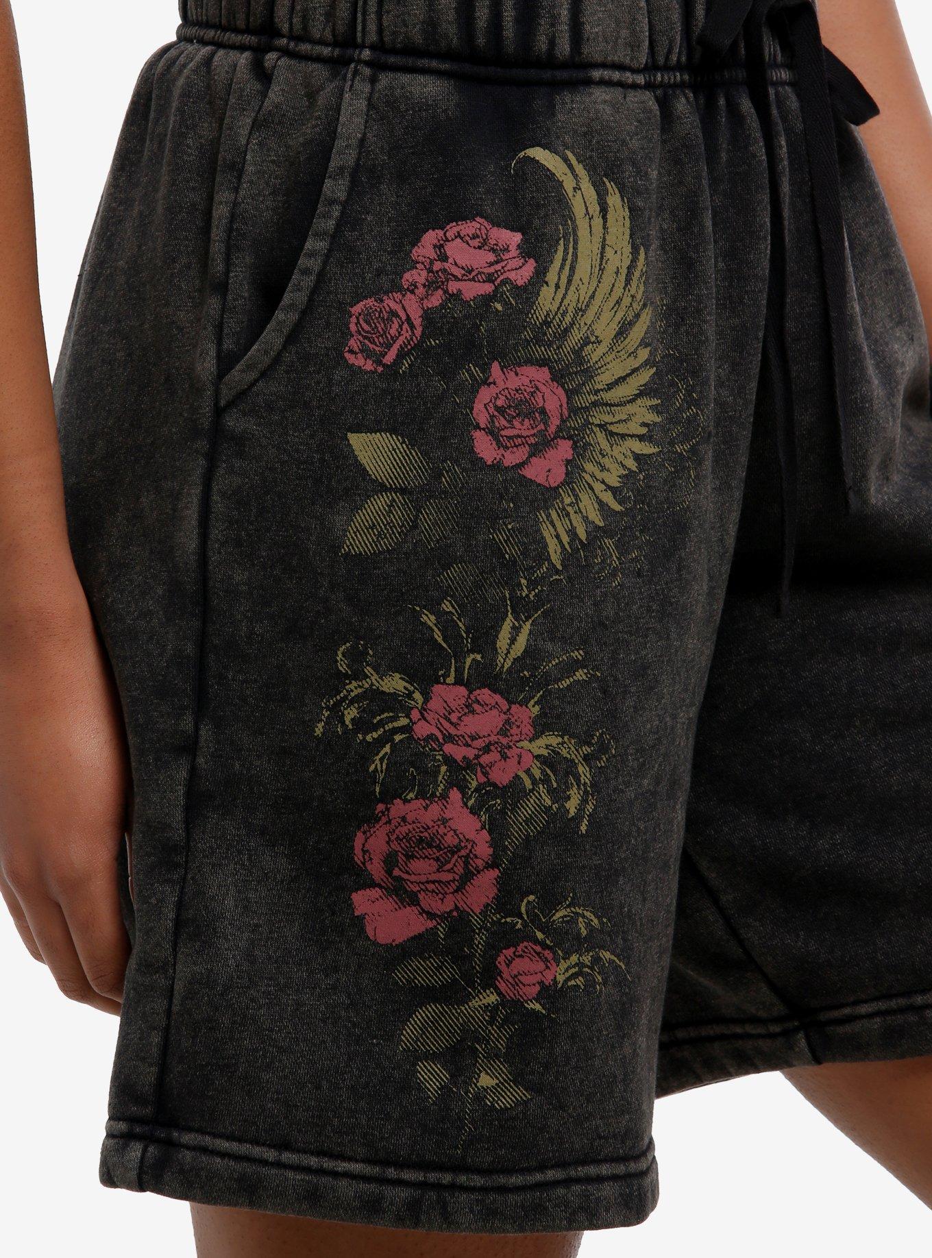 Roses & Wings Charcoal Grey Washed Girls Fleece Shorts, GOLD, alternate