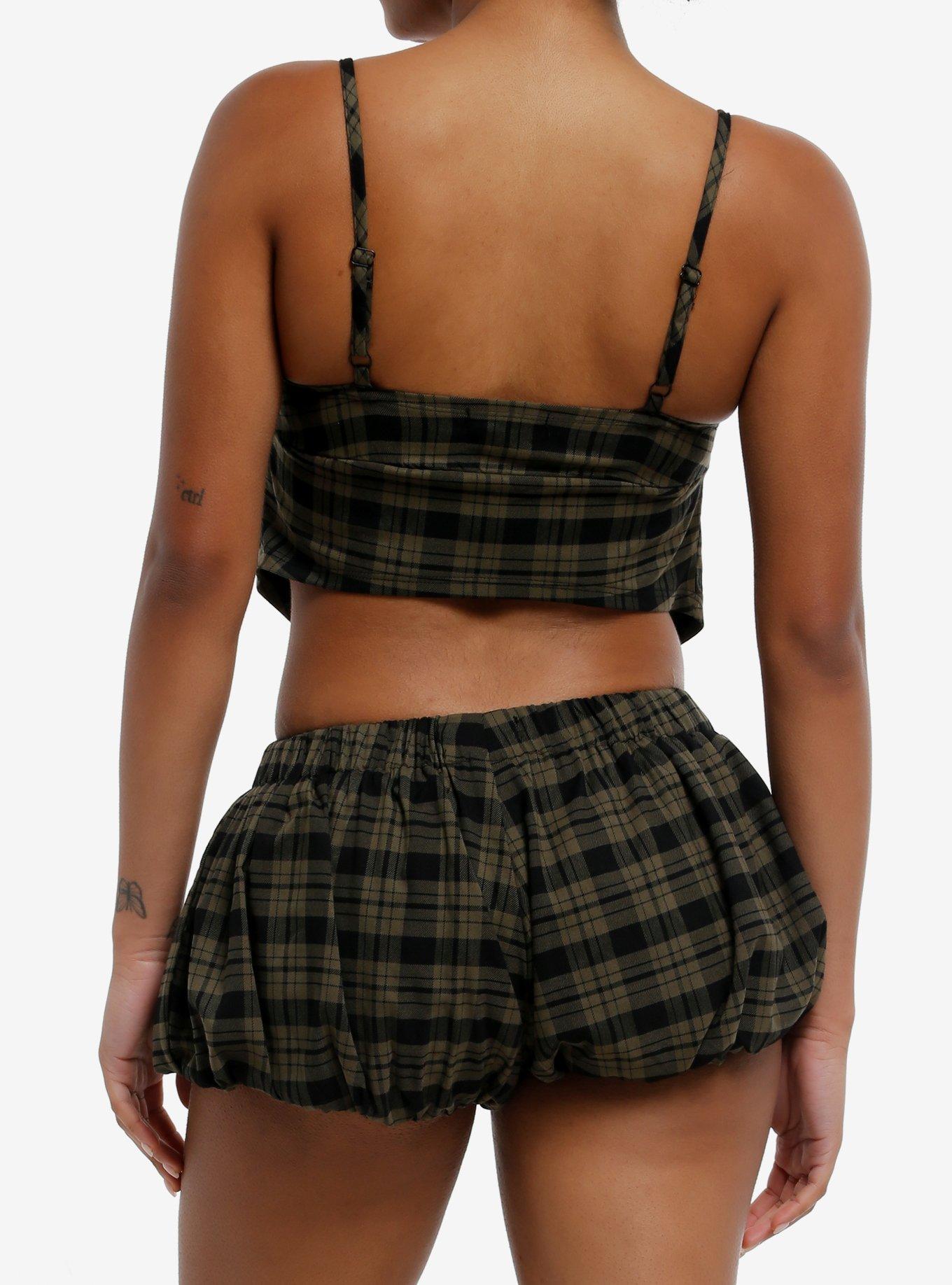 Thorn & Fable Green Plaid Moth Charm Girls Crop Cami, BLACK, alternate