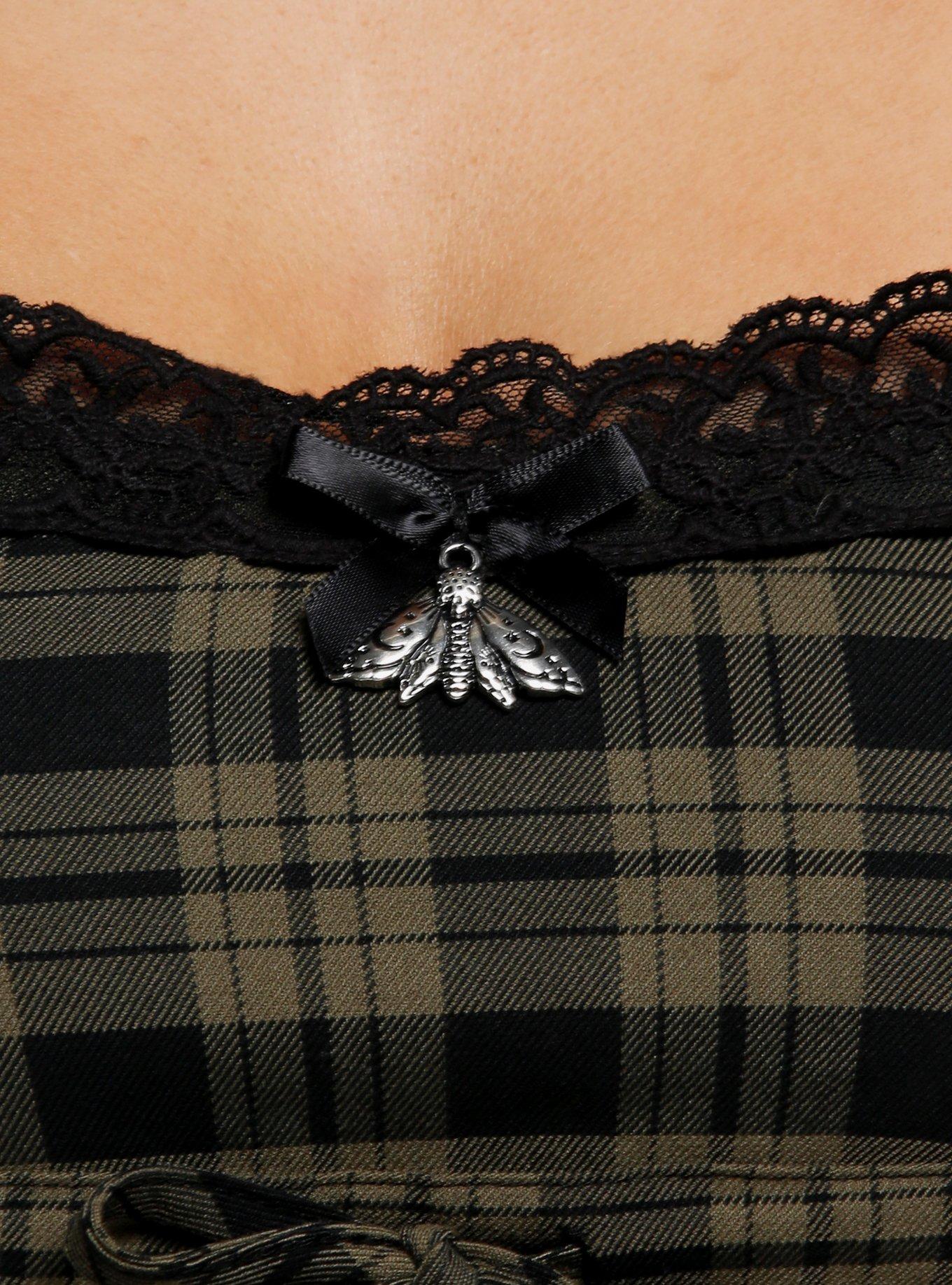 Thorn & Fable Green Plaid Moth Charm Girls Crop Cami, BLACK, alternate
