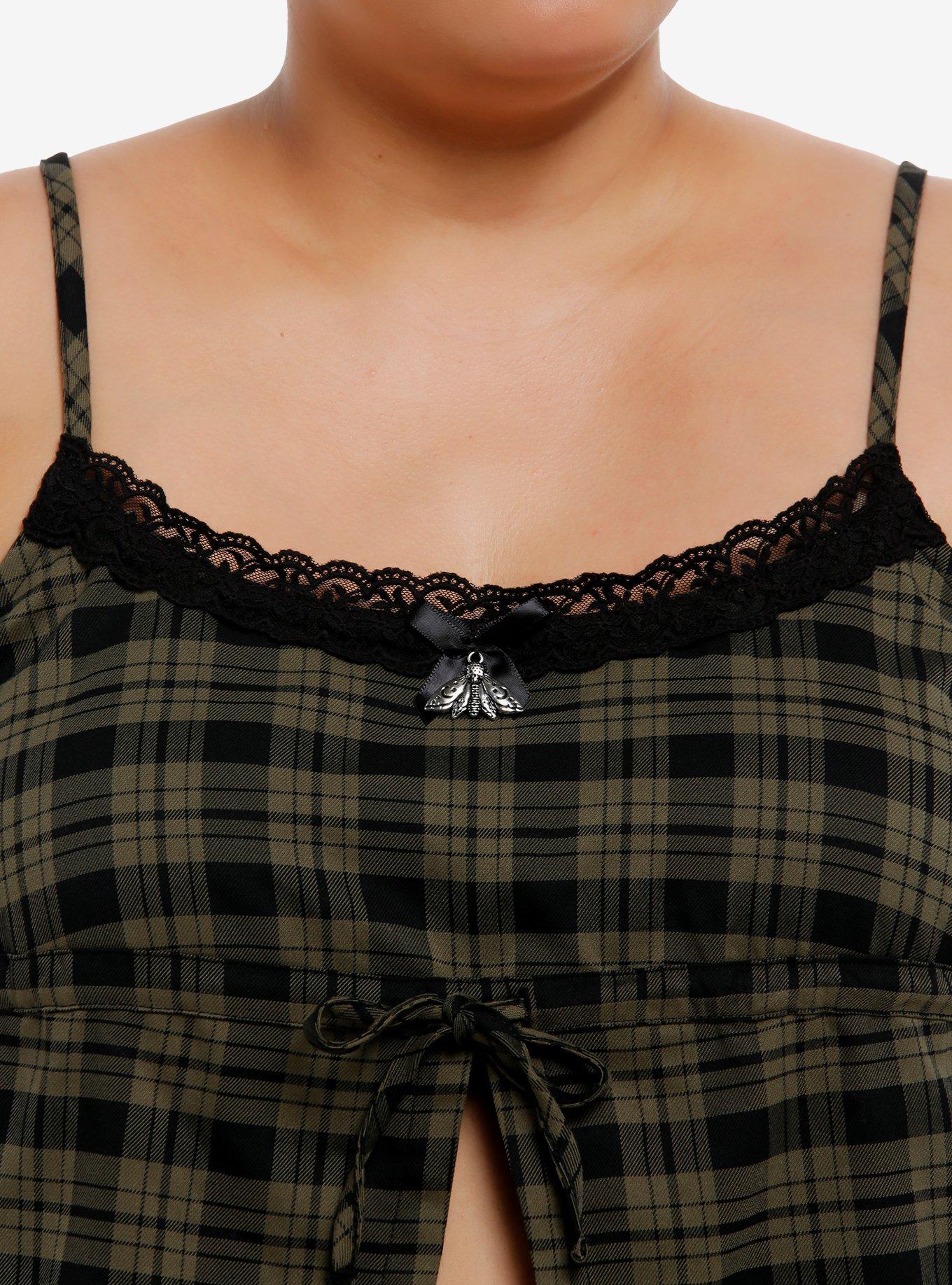 Thorn & Fable Green Plaid Moth Charm Girls Crop Cami Plus Size, BLACK, alternate