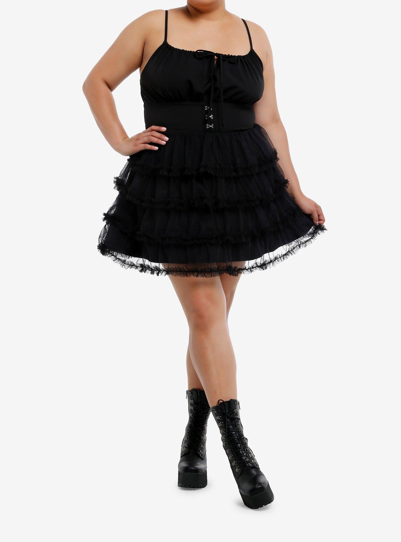 Black Corset Tiered Tulle Ruffle Cami Dress Plus Size, , hi-res