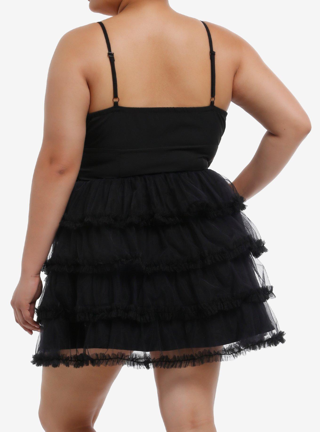 Black Corset Tiered Tulle Ruffle Cami Dress Plus Size, BLACK, alternate