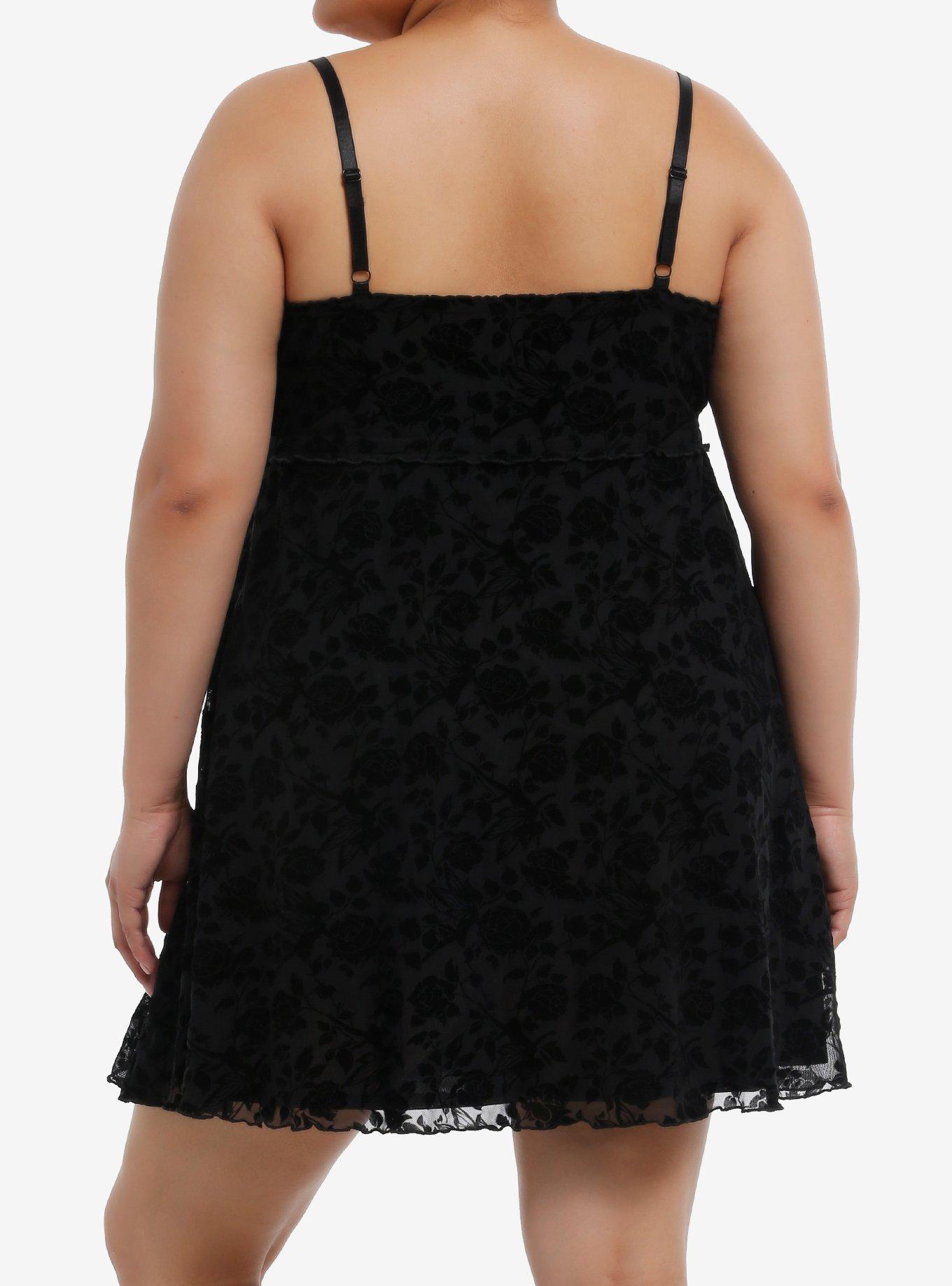 Cosmic Aura Black Fairy Floral Flocked Slip Dress Plus Size, BROWN, alternate