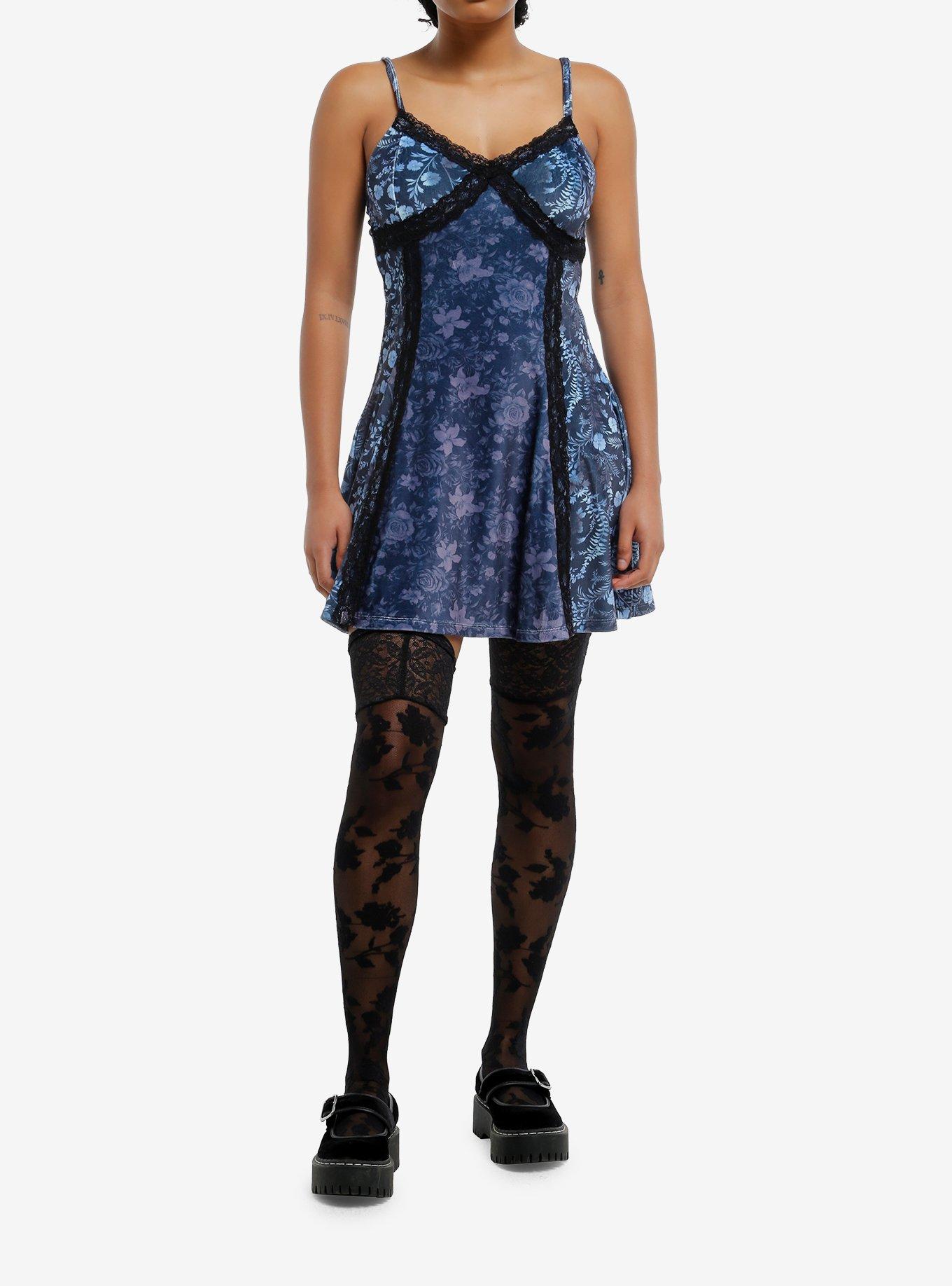 Cosmic Aura Blue Floral Lace Velvet Slip Dress, , hi-res