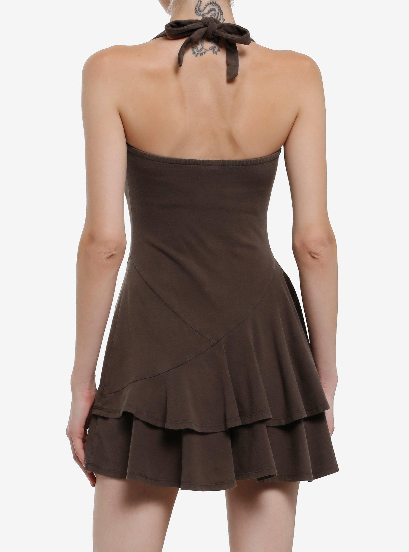Light Brown Ruffled Halter Mini Dress, BROWN, alternate