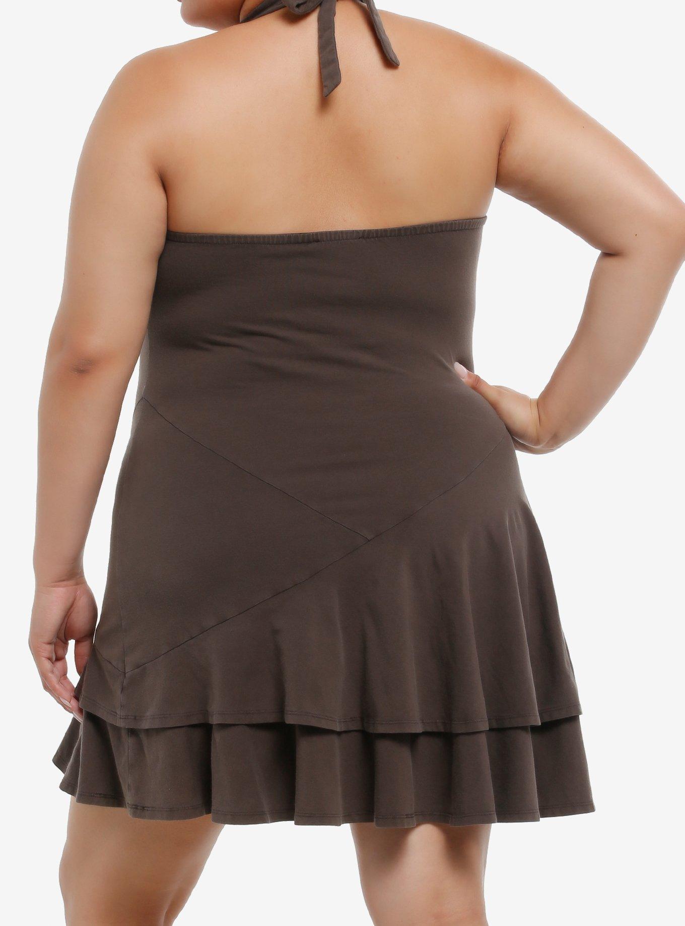 Light Brown Ruffled Halter Mini Dress Plus Size, , hi-res