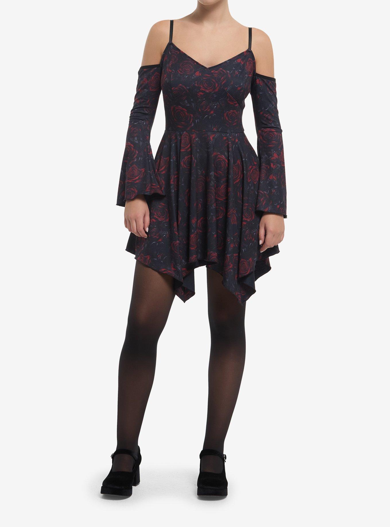 Cosmic Aura Red Rose Cold Shoulder Bell Sleeve Dress, , hi-res