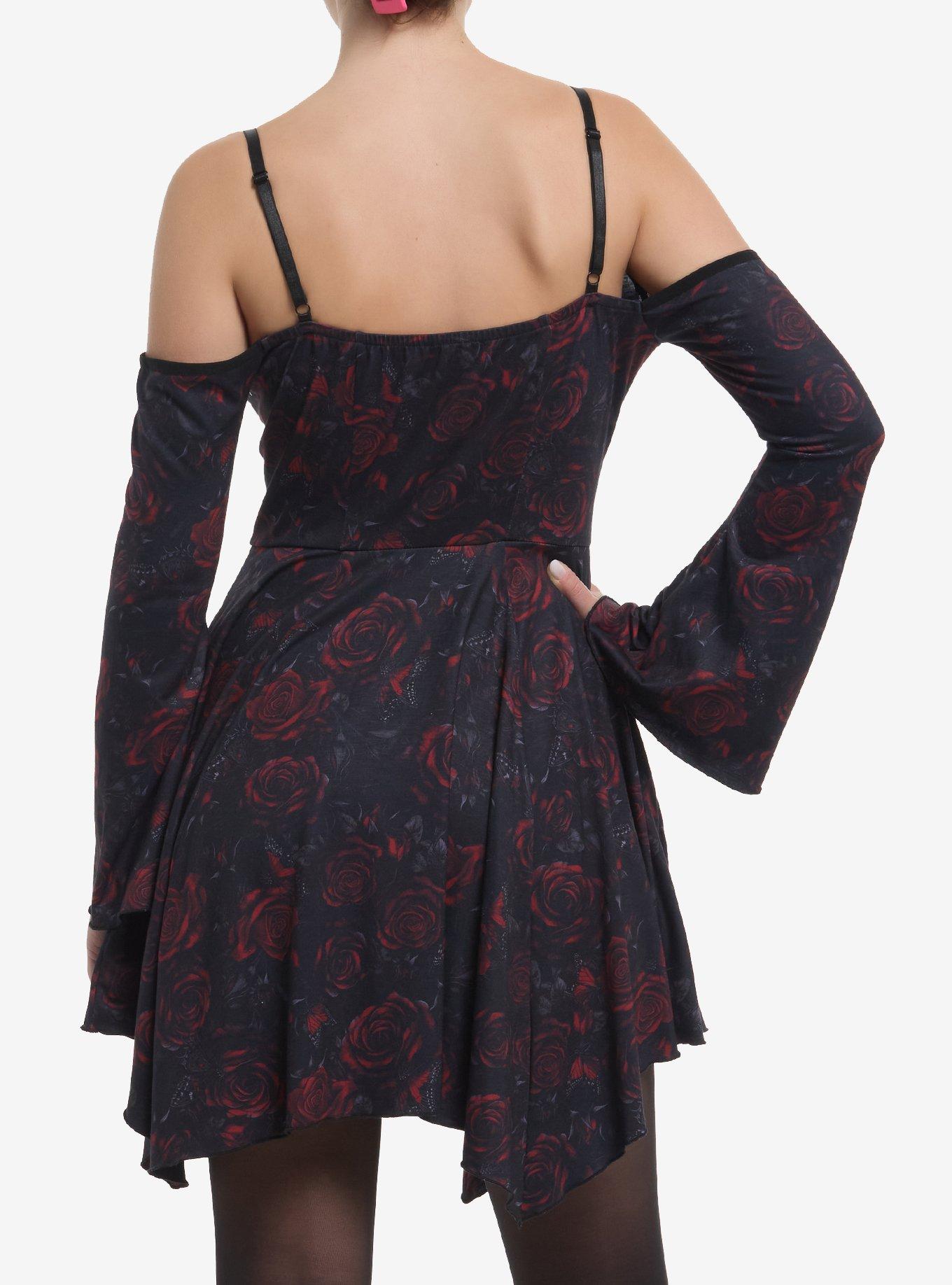 Cosmic Aura Red Rose Cold Shoulder Bell Sleeve Dress, RED, alternate