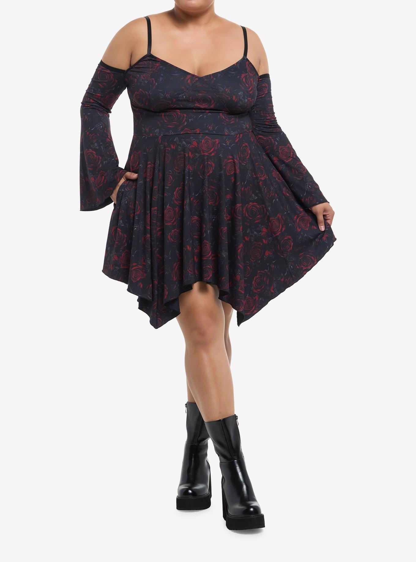 Cosmic Aura Red Rose Cold Shoulder Bell Sleeve Dress Plus Size, , hi-res