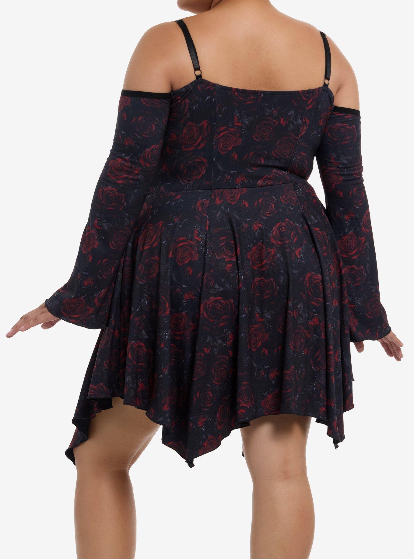 Cosmic Aura Red Rose Cold Shoulder Bell Sleeve Dress Plus Size, RED, alternate