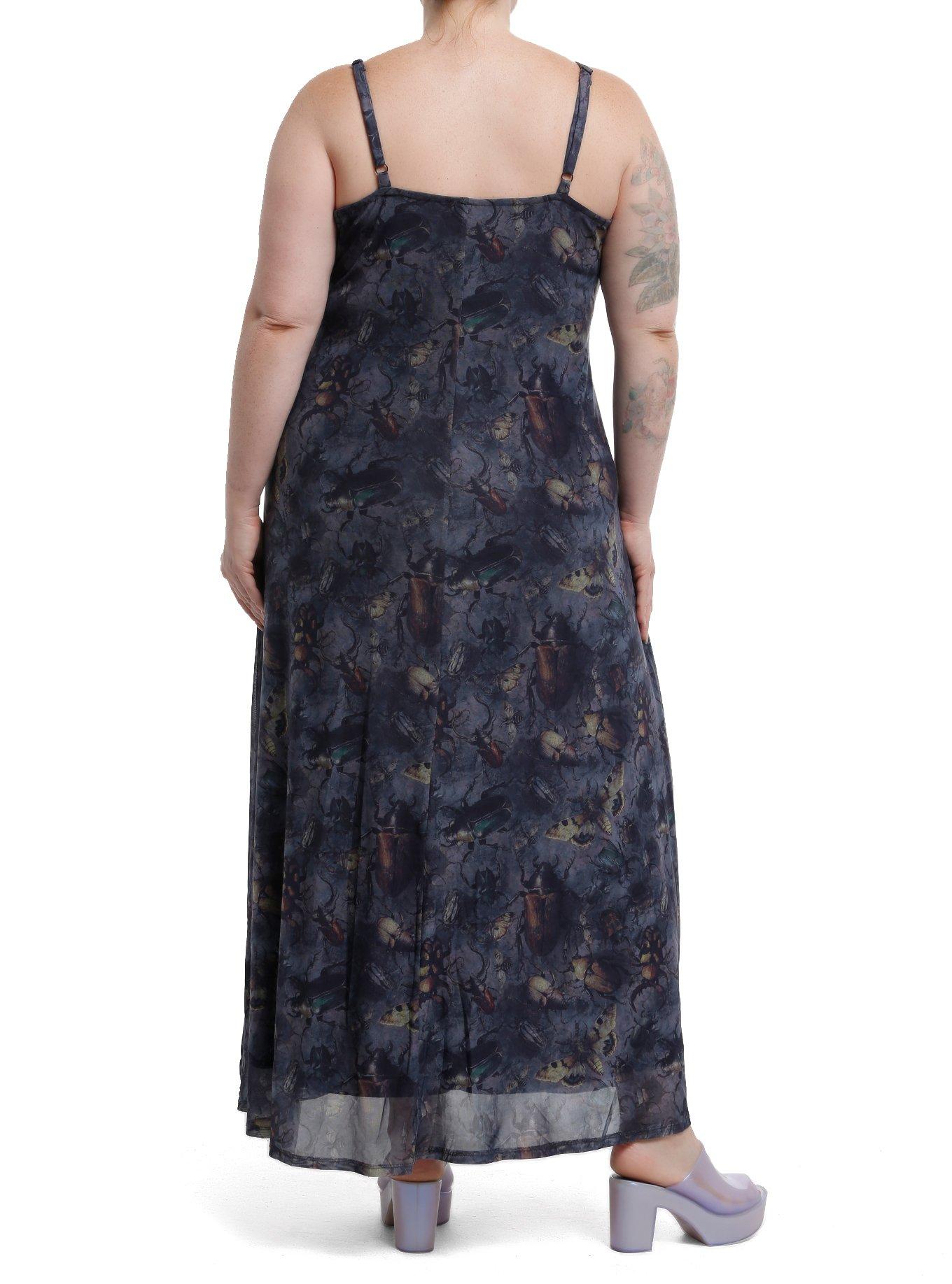 Thorn & Fable Insects Dark Blue Midaxi Slip Dress Plus Size, BROWN, alternate