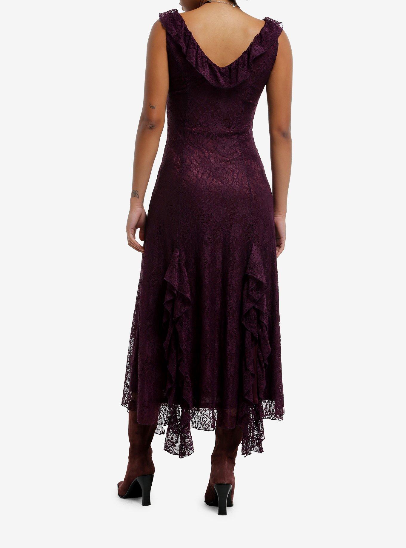 Cosmic Aura Purple Lace Ruffle Slit Maxi Dress, , hi-res