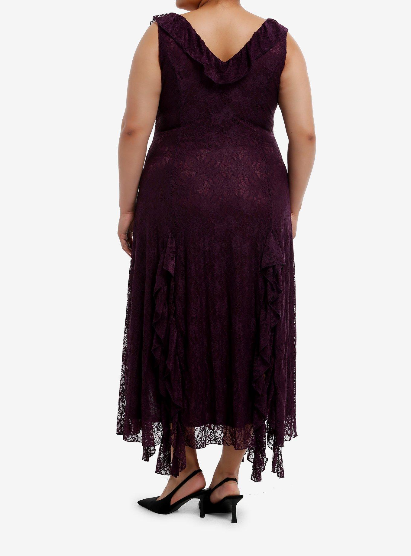 Cosmic Aura Purple Lace Ruffle Slit Maxi Dress Plus Size, , hi-res