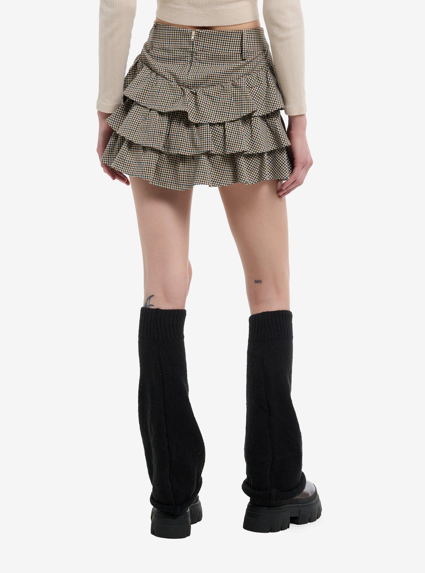 Thorn & Fable Brown & Green Houndstooth Lace-Up Skirt, , hi-res