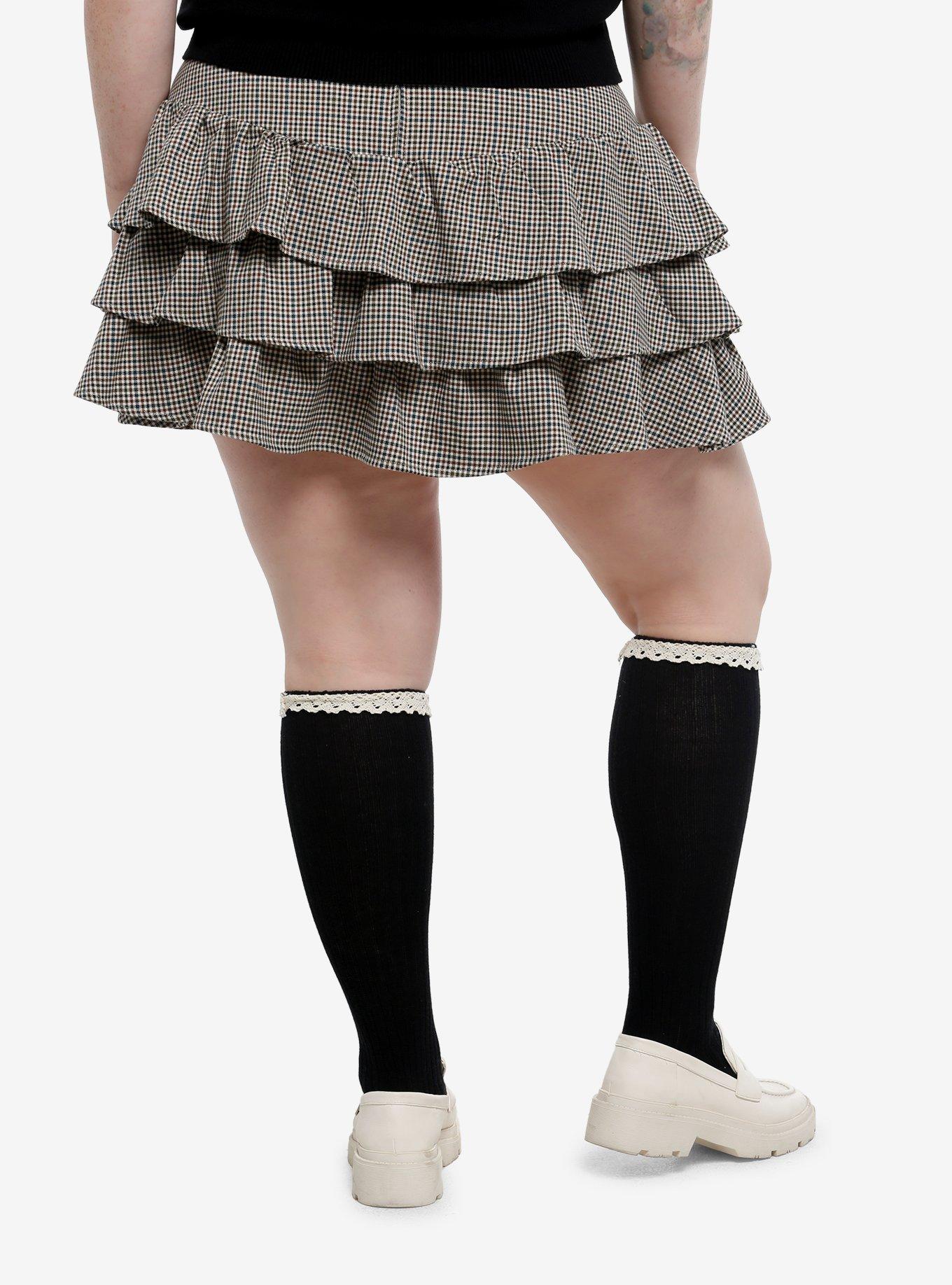 Thorn & Fable Brown & Green Houndstooth Lace-Up Skirt Plus Size, , hi-res