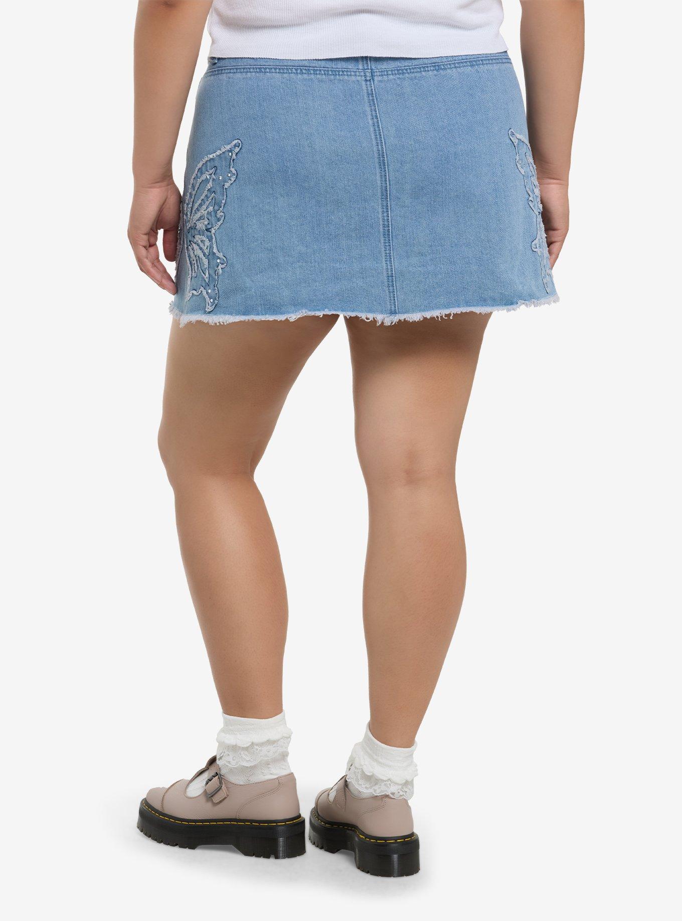 Cosmic Aura Butterfly Rhinestone Denim Mini Skirt Plus Size, , hi-res