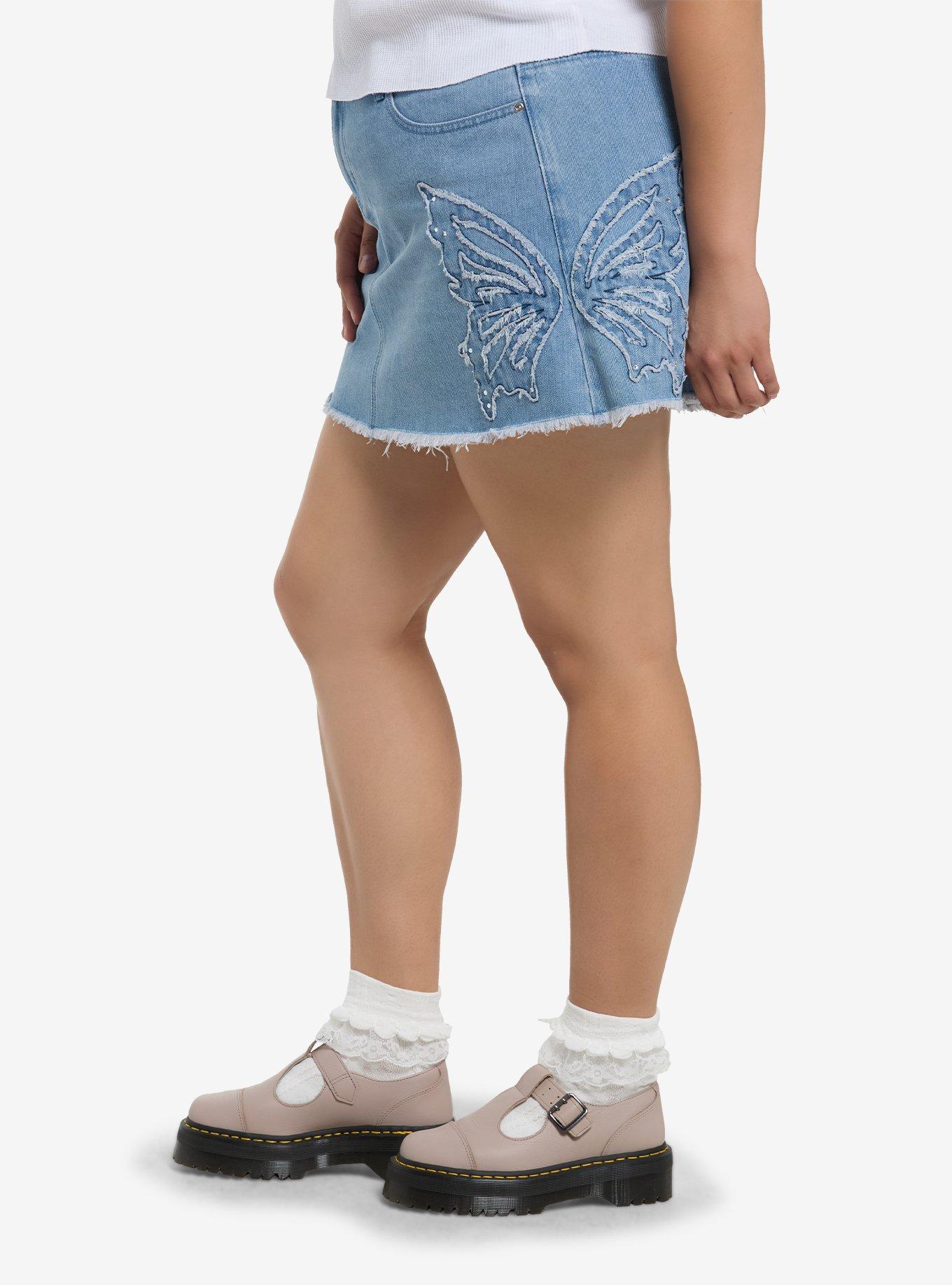 Cosmic Aura Butterfly Rhinestone Denim Mini Skirt Plus Size, INDIGO, alternate