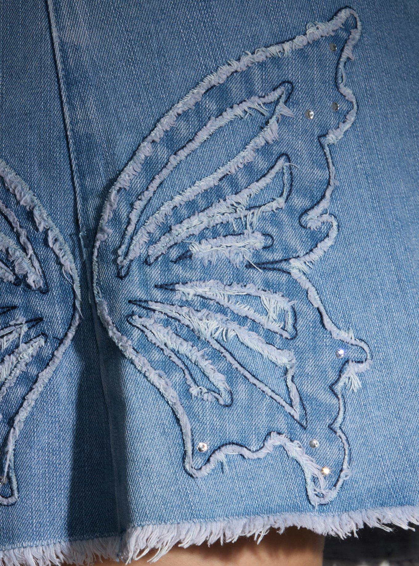 Cosmic Aura Butterfly Rhinestone Denim Mini Skirt Plus Size, INDIGO, alternate