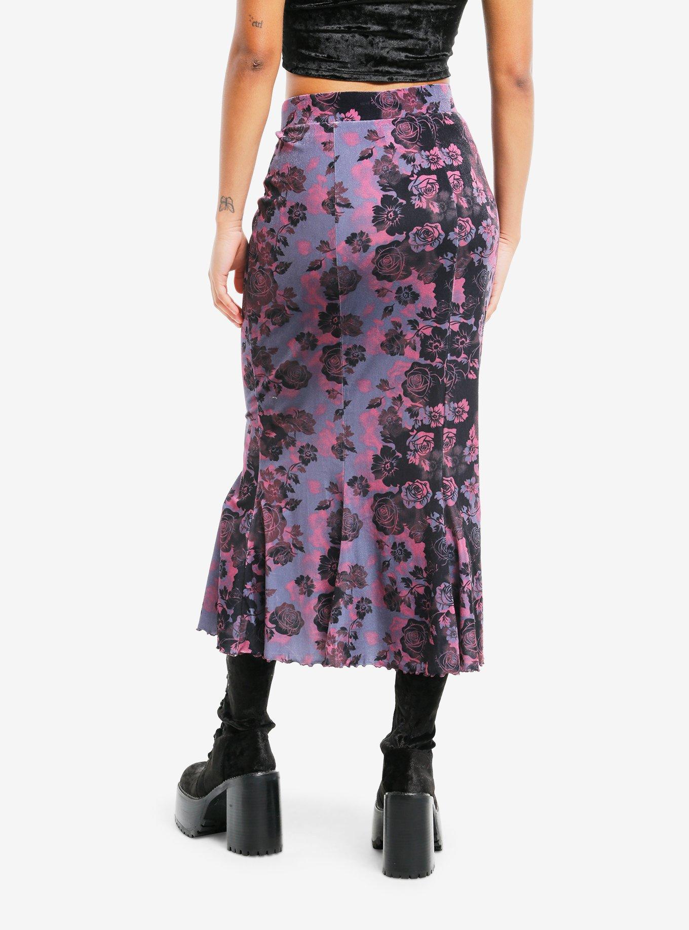 Cosmic Aura Purple & Pink Rose Velvet Mermaid Midi Skirt, , hi-res