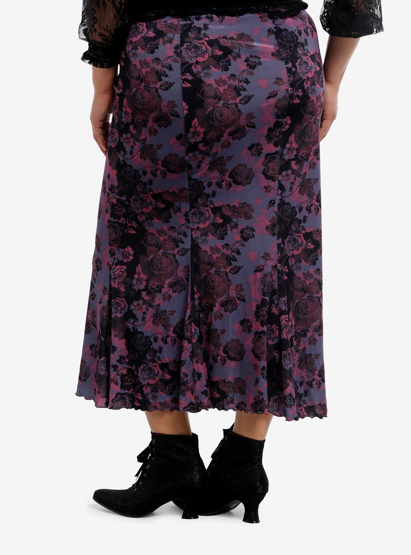 Cosmic Aura Purple & Pink Rose Velvet Mermaid Midi Skirt Plus Size, , hi-res