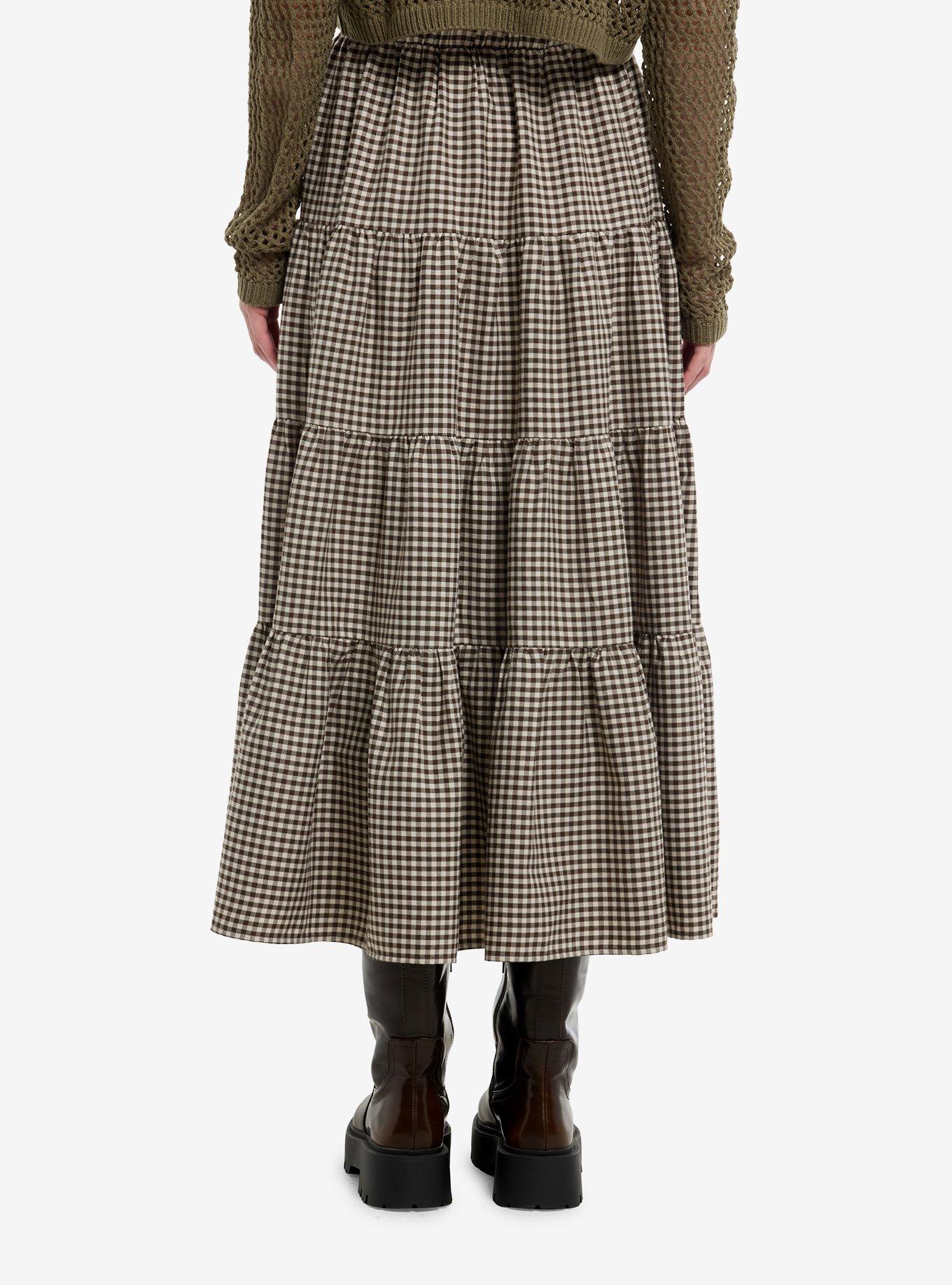 Thorn & Fable Brown Gingham Tiered Midi Skirt, , hi-res