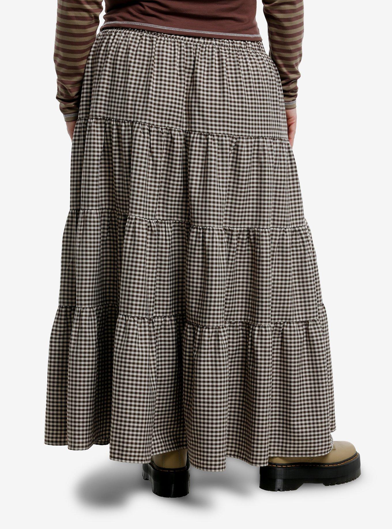 Thorn & Fable Brown Gingham Tiered Midi Skirt Plus Size, BROWN, alternate