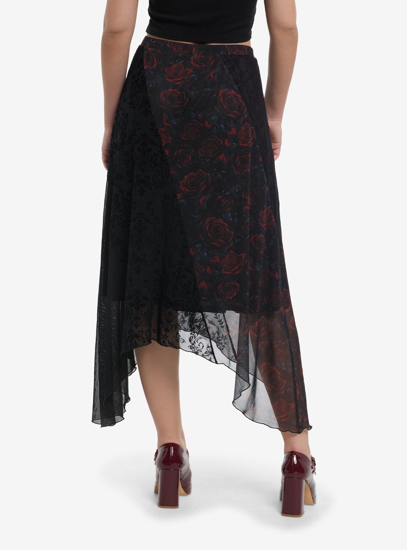 Cosmic Aura Red Rose Lace Panel Midi Skirt, , hi-res