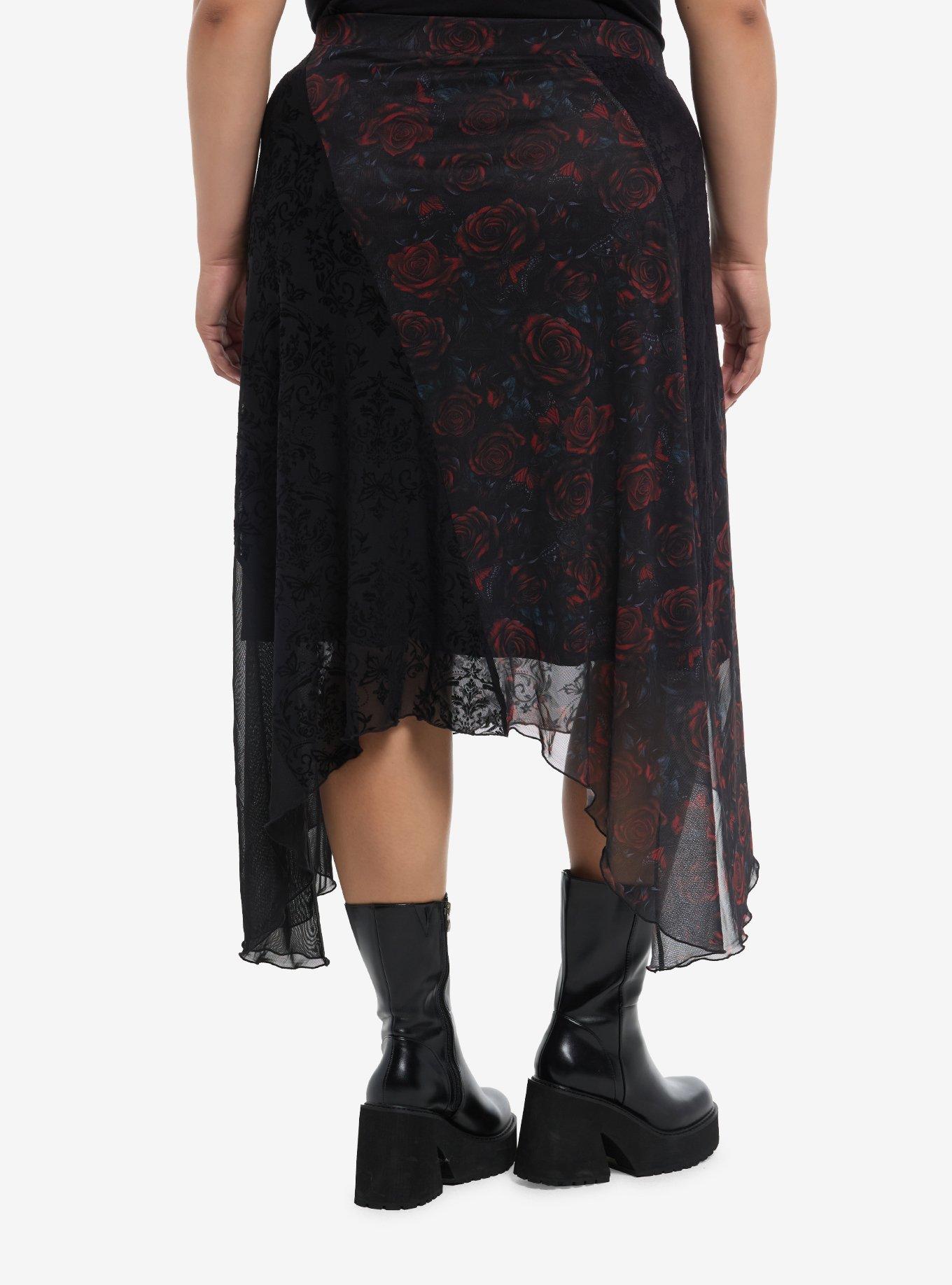 Cosmic Aura Red Rose Lace Panel Midi Skirt Plus Size, , hi-res