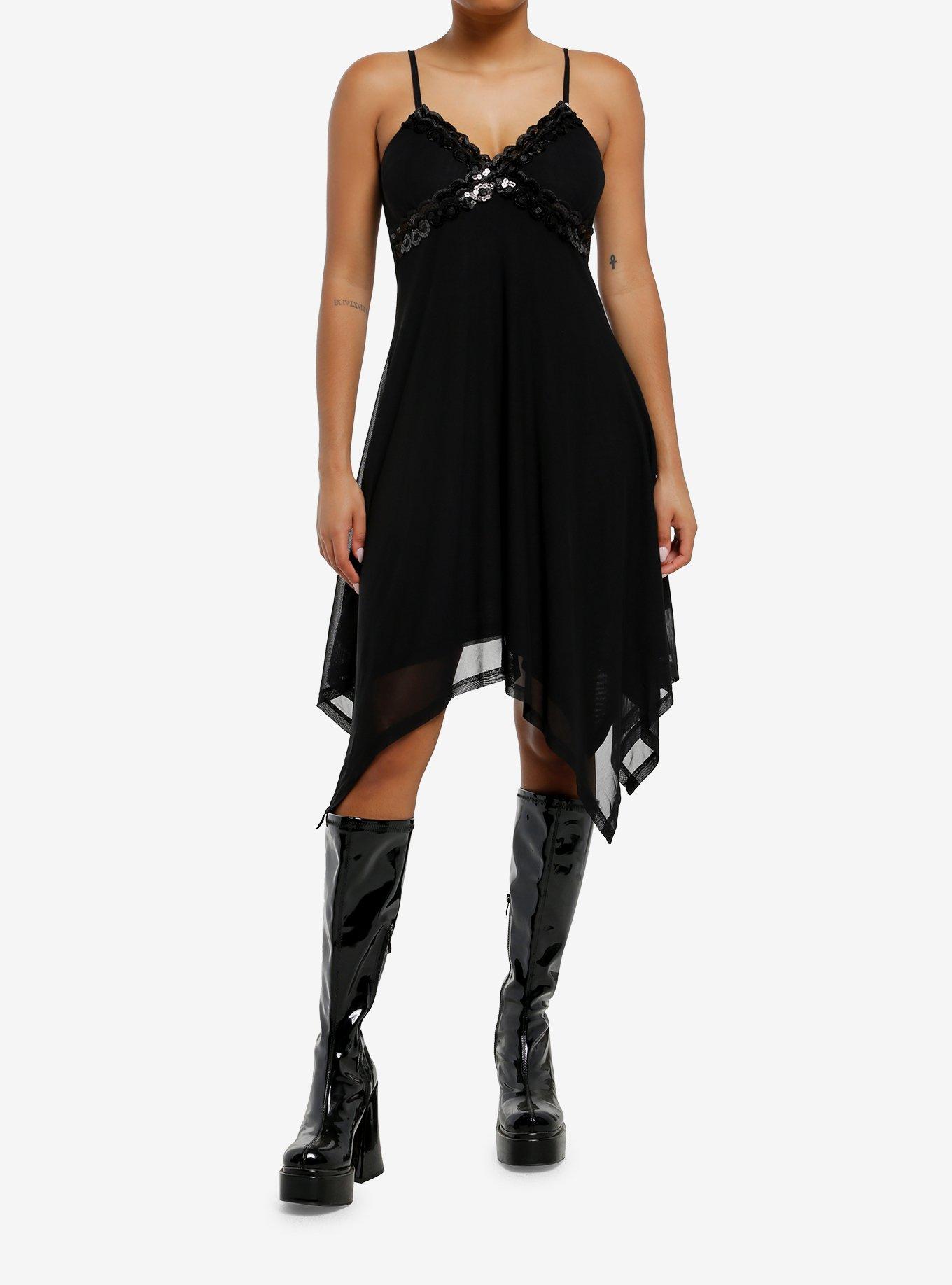 Cosmic Aura Black Sequin Hanky Hem Cami Dress, , hi-res