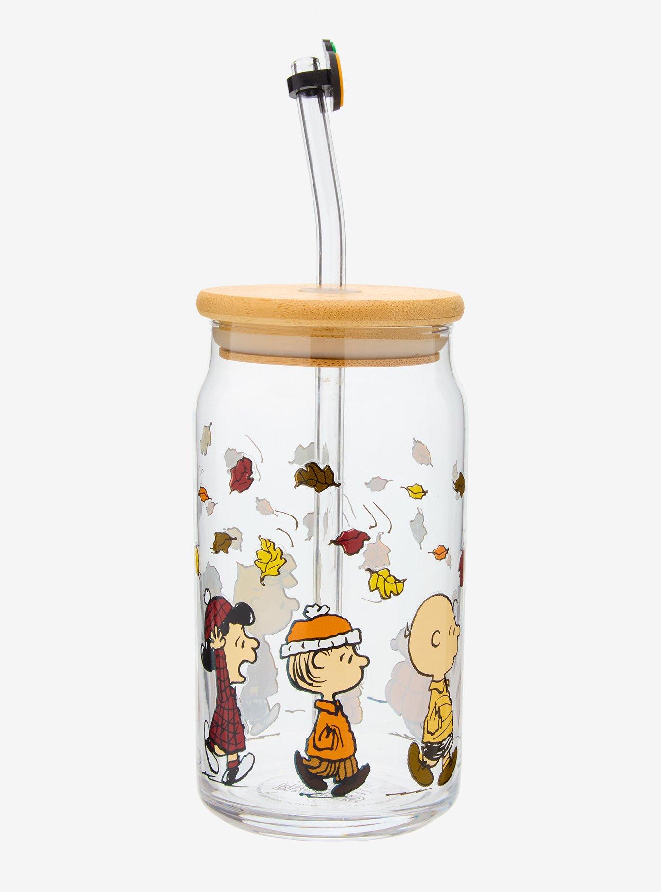 Peanuts Gang Fall Leaves Glass Cup with Straw & Charm, , hi-res