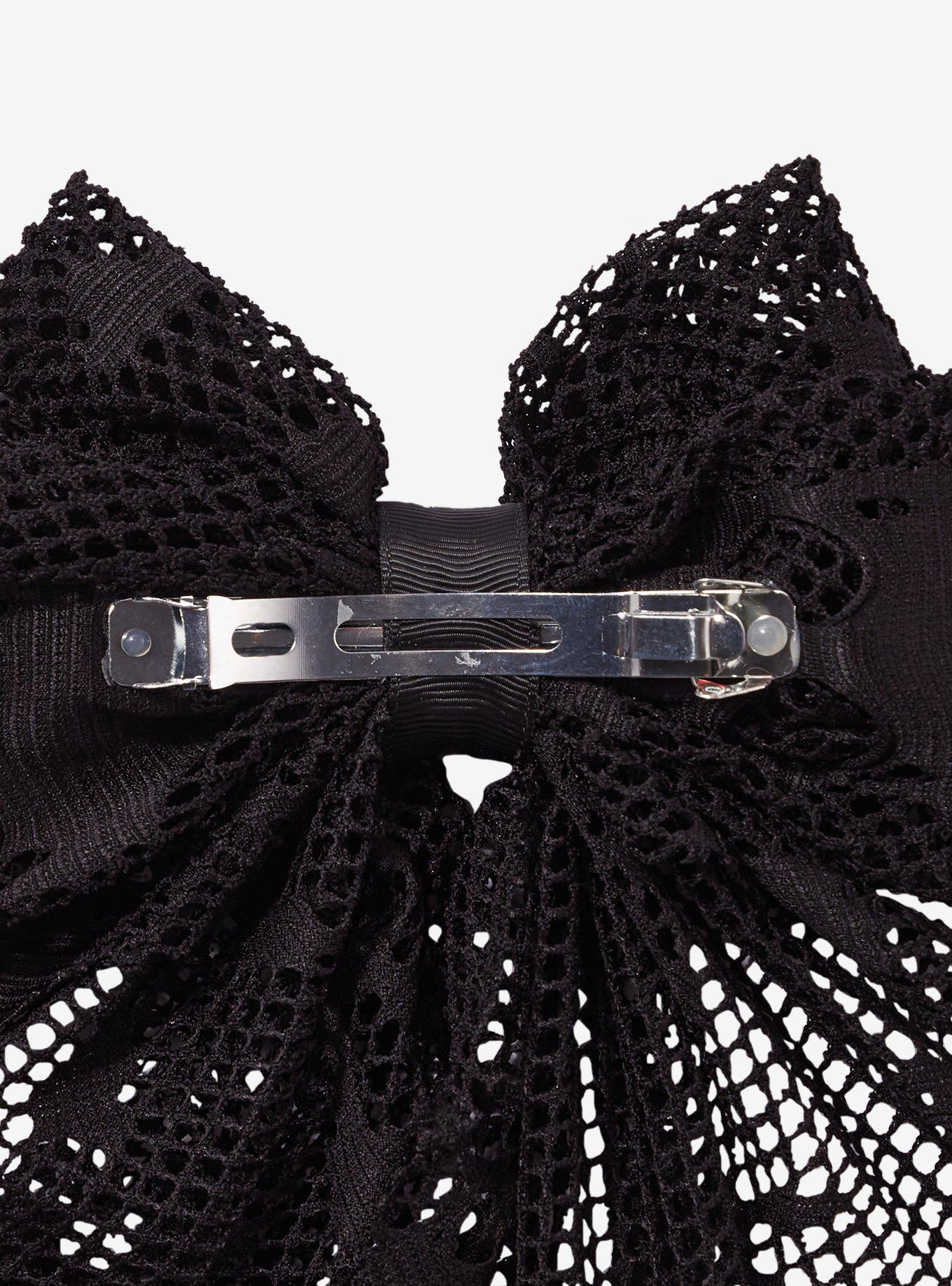 Black Skull Fishnet Hair Bow, , hi-res