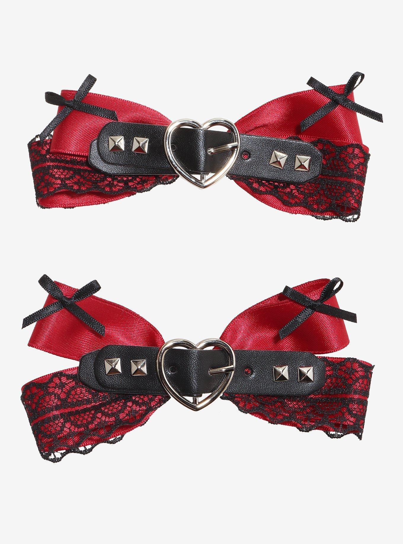 Black & Red Lace Heart Buckle Hair Bow Set, , hi-res
