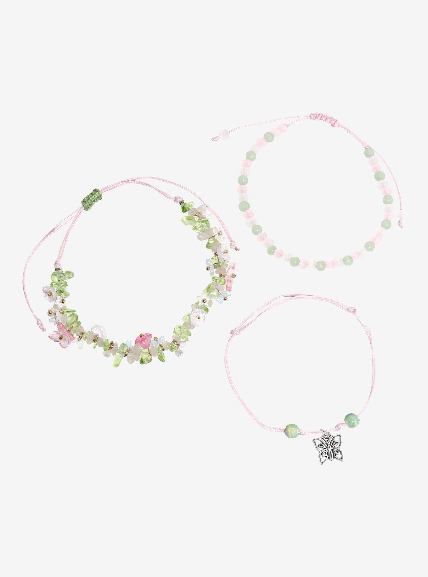 Thorn & Fable Pink Green Floral Cord Bracelet Set, , hi-res
