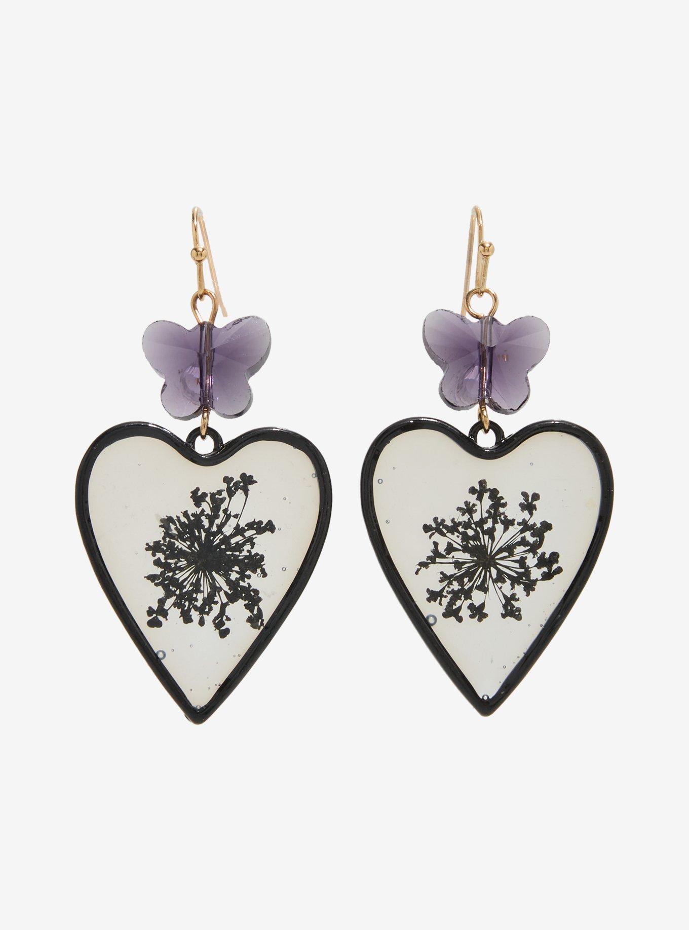 Thorn & Fable Black Pressed Flower Heart Drop Earrings, , hi-res