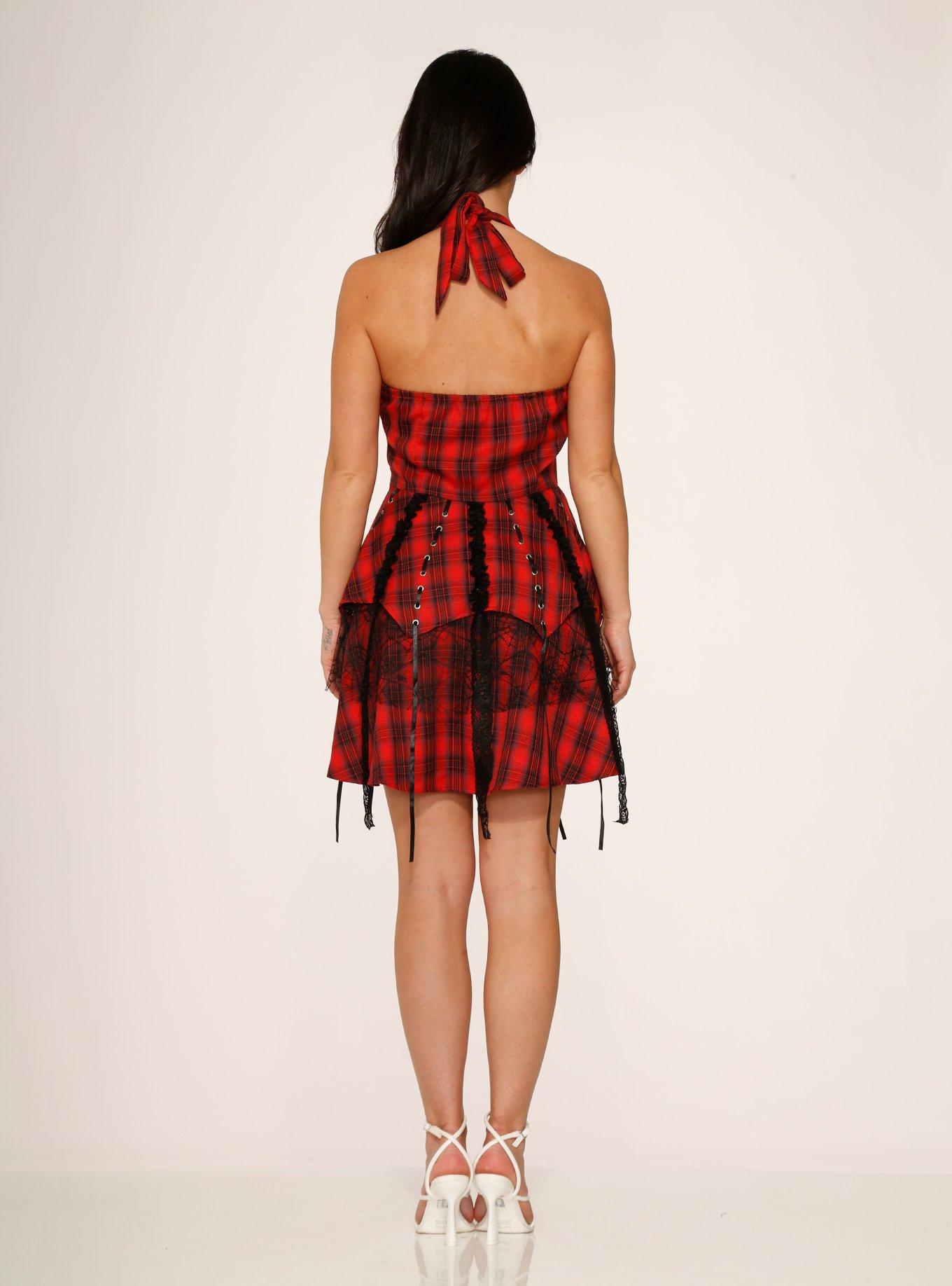 Red Plaid Pretty Pirate Corset Dress, PLAID - RED, alternate