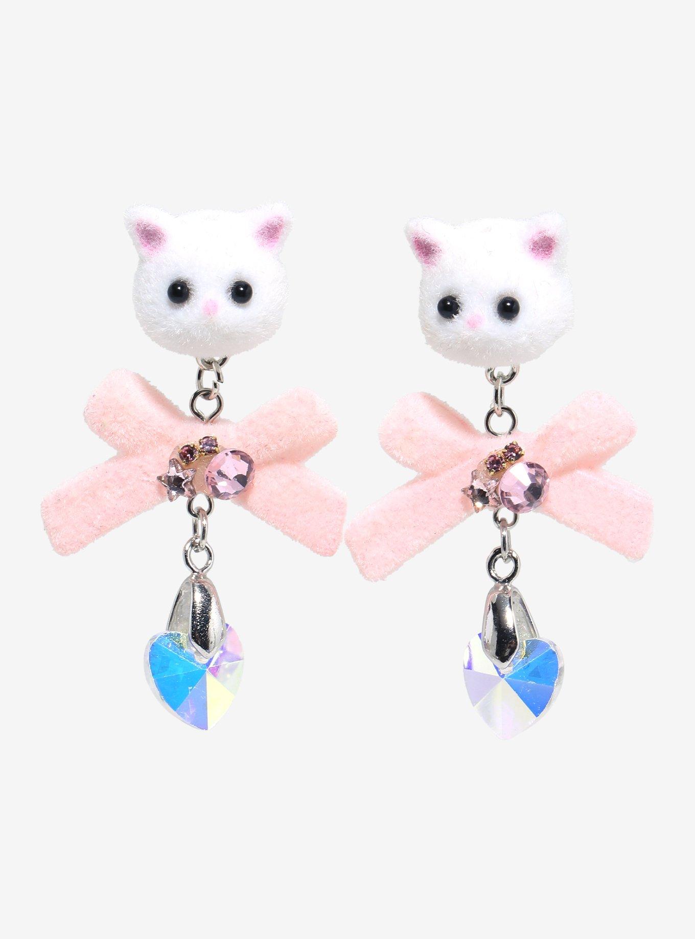 Sweet Society Flocked Kitty Bow Earrings, , hi-res