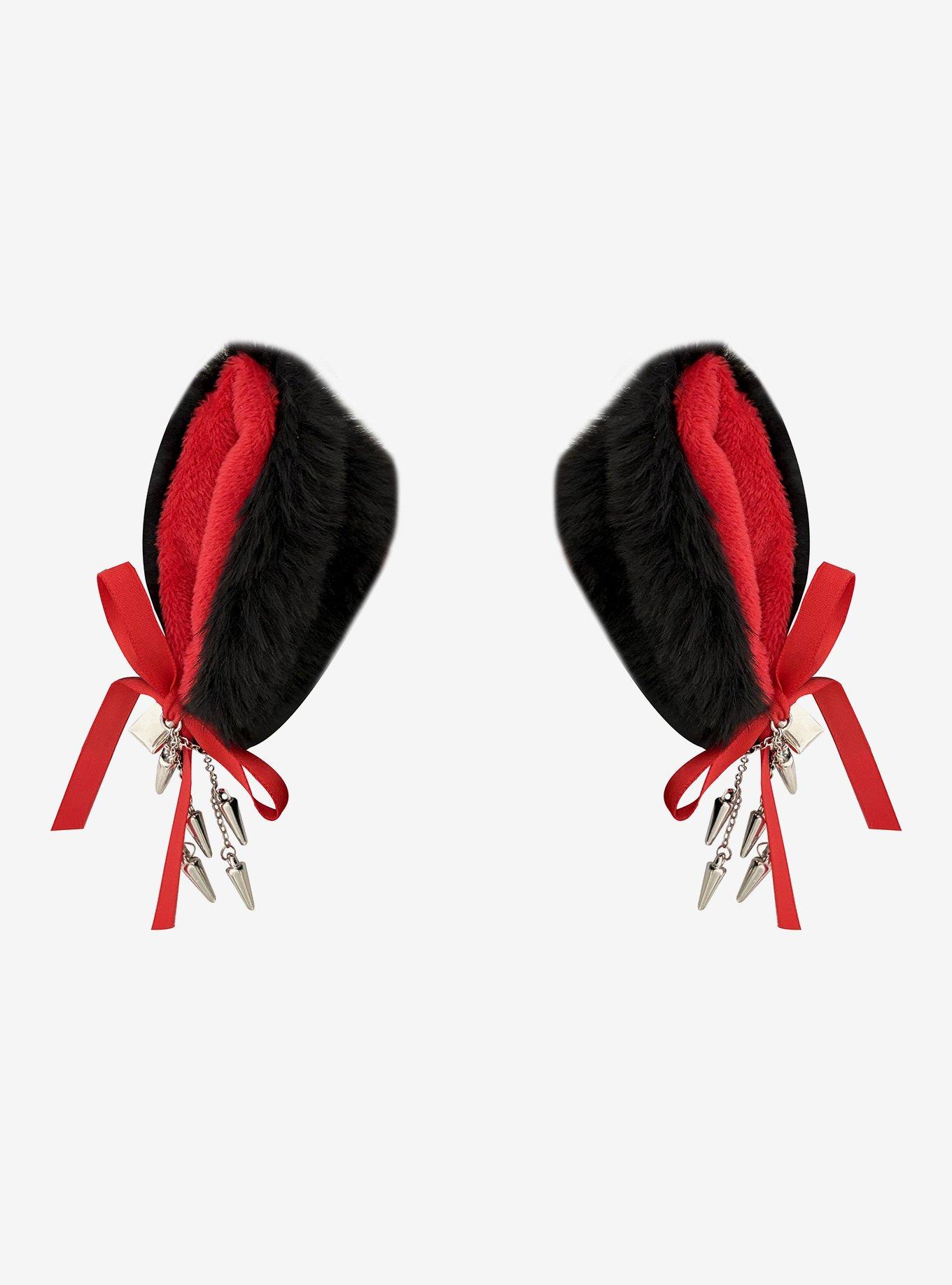 Black & Red Spike Chain Fuzzy Cat Ear Hair Clips, , hi-res