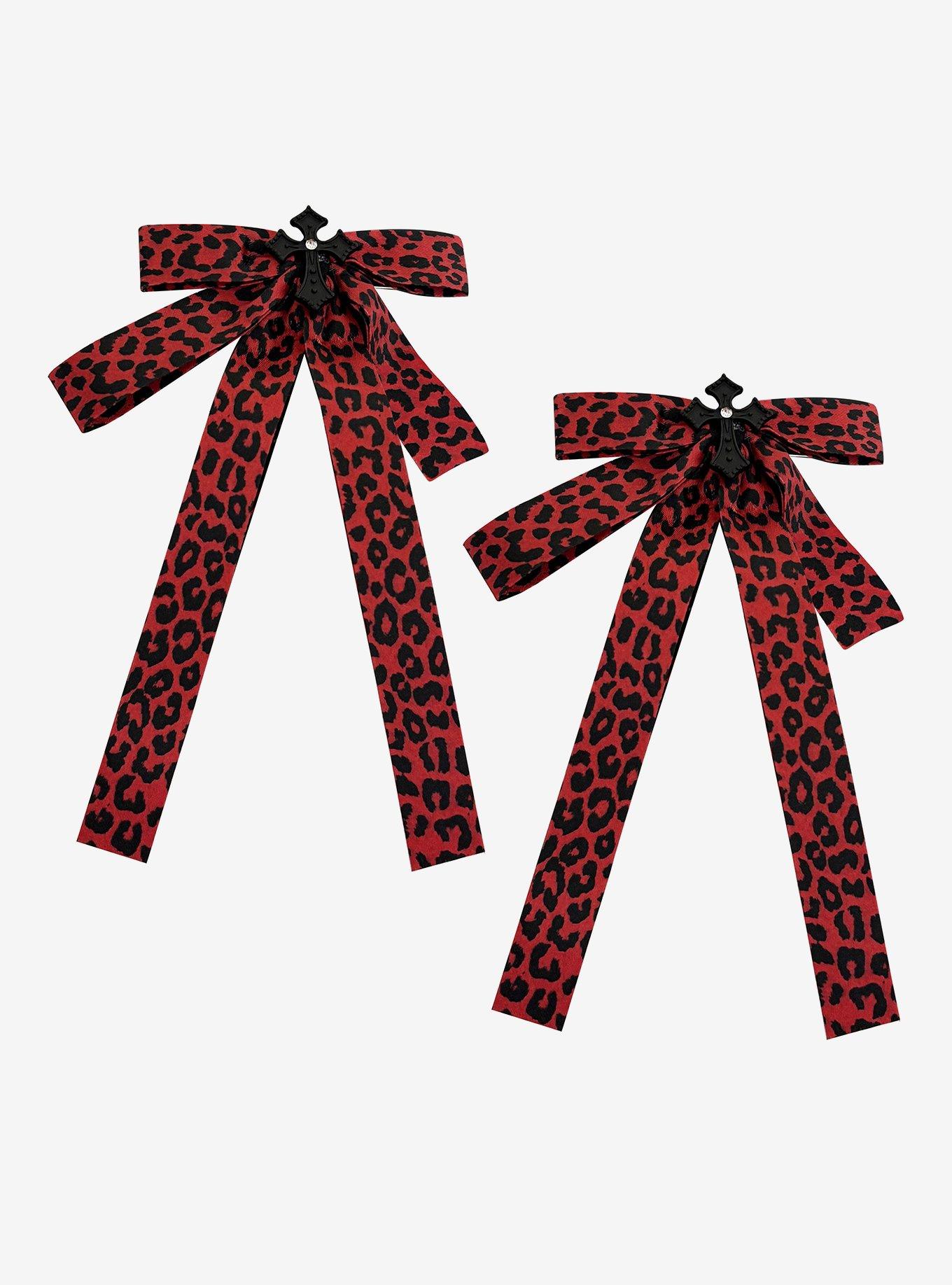 Red Leopard Cross Hair Bow Set, , hi-res