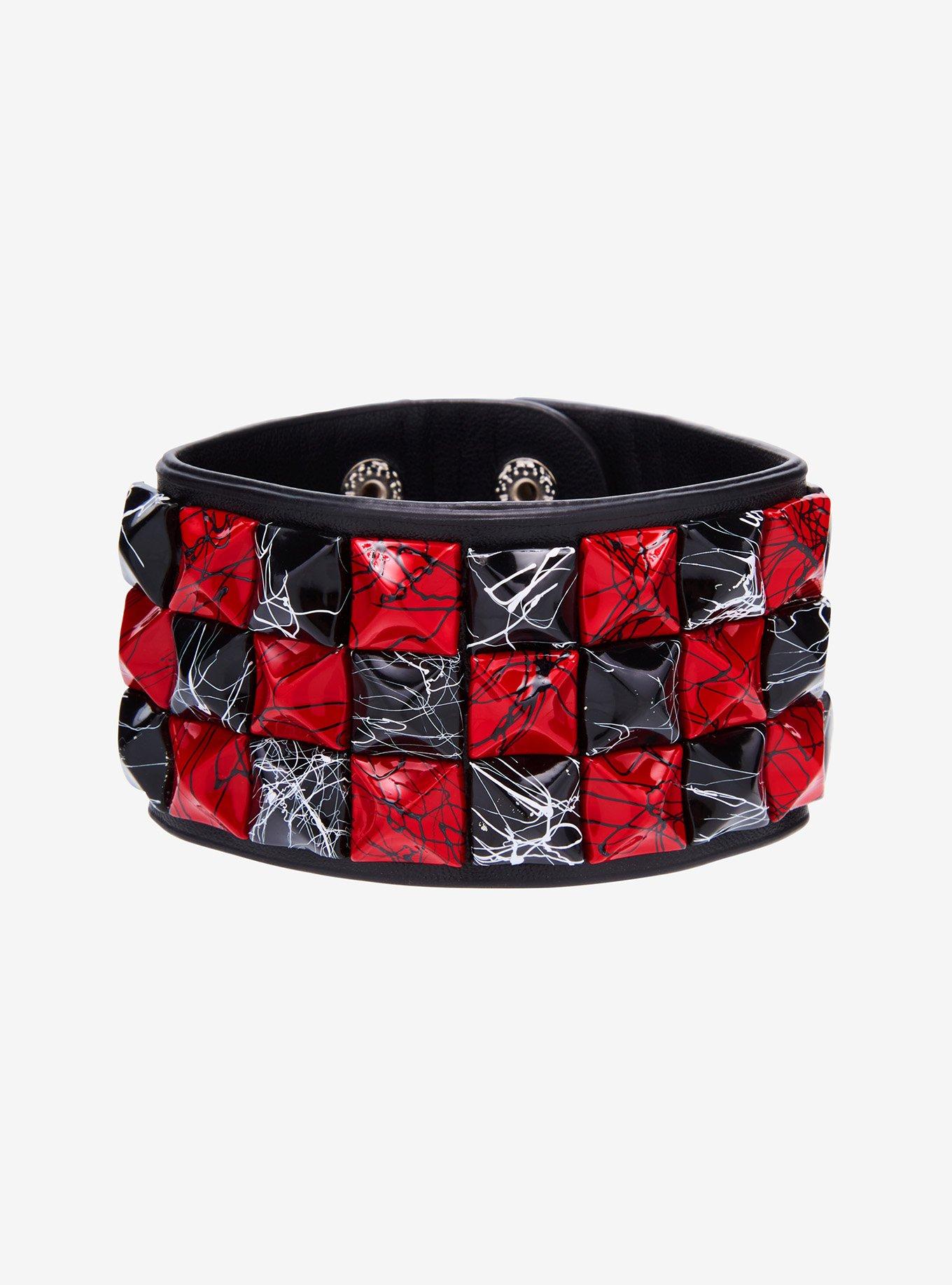 Red & Black Splatter Pyramid Stud Cuff Bracelet, , hi-res