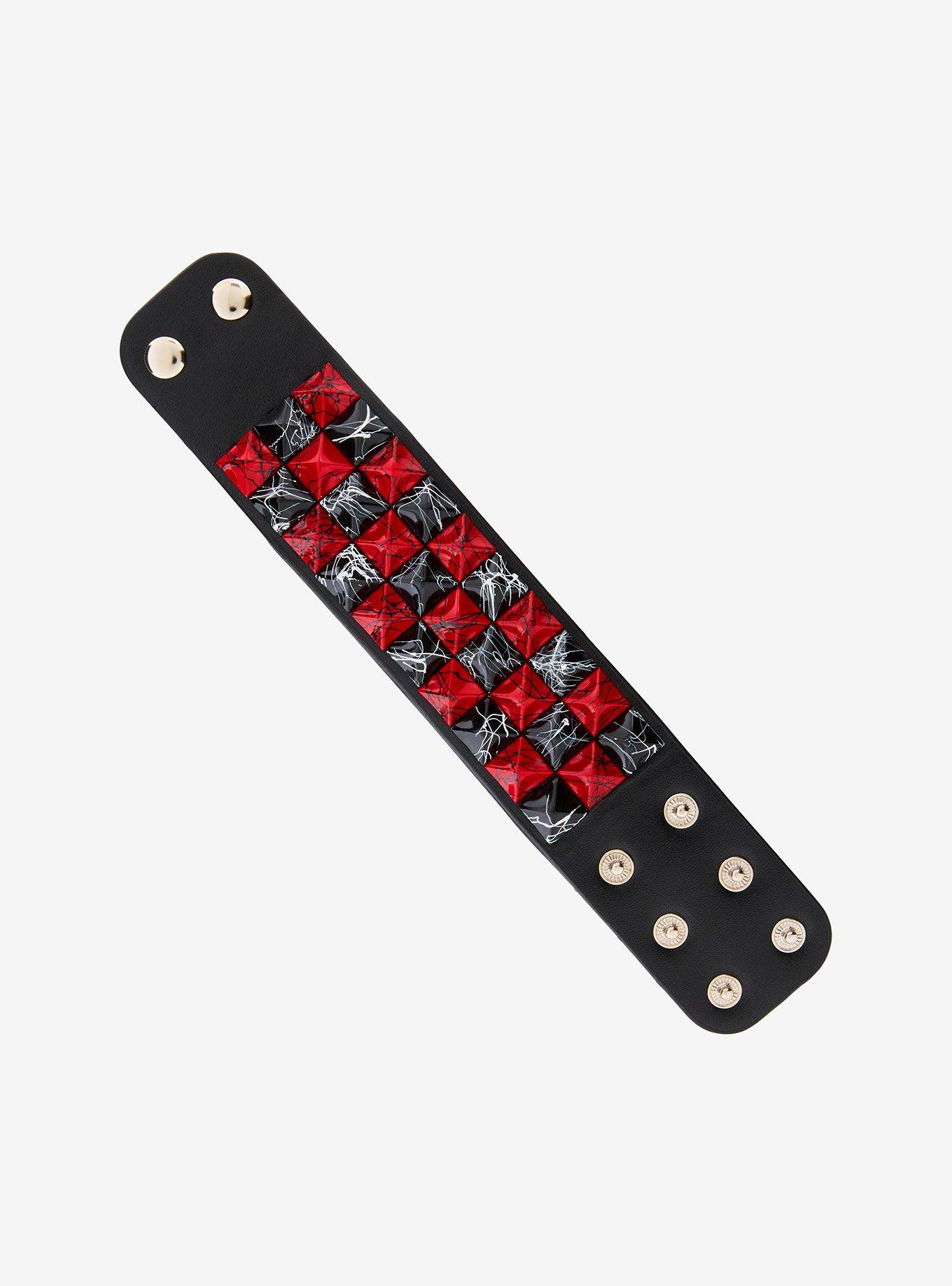 Red & Black Splatter Pyramid Stud Cuff Bracelet, , alternate