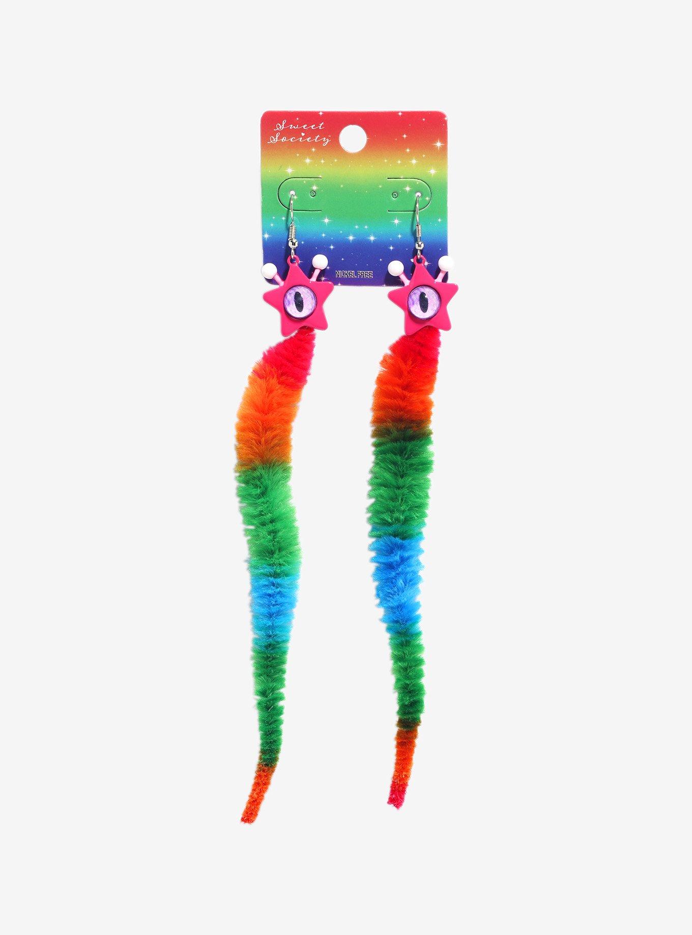 Sweet Society Rainbow Worm Monster Fuzzy Earrings, , hi-res