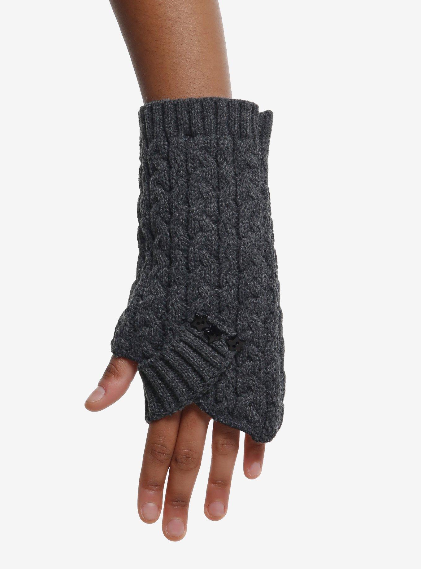 Star Button Grey Cable Knit Short Gloves, , hi-res