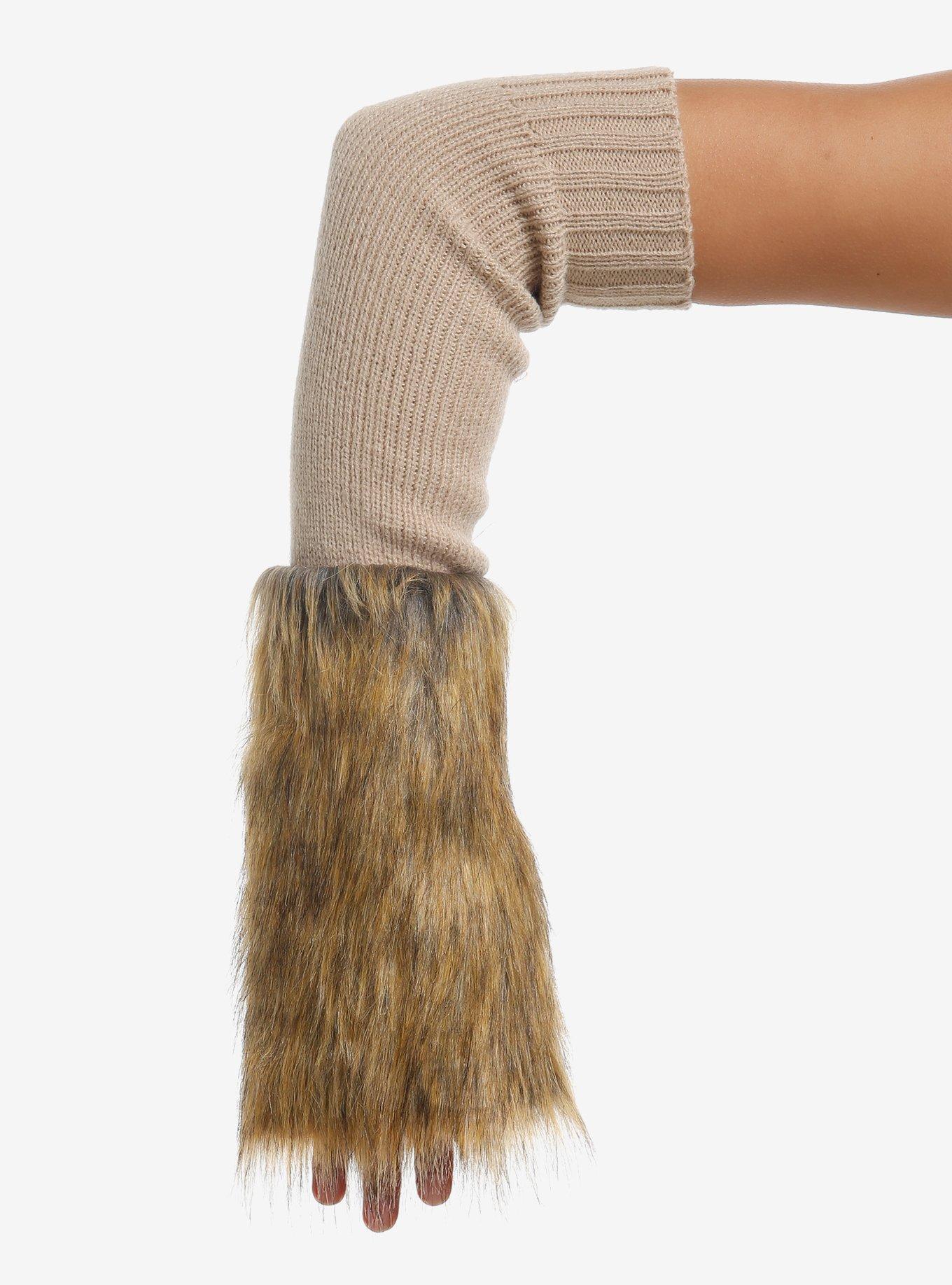 Brown Faux Fur & Beige Knit Arm Warmers, , hi-res